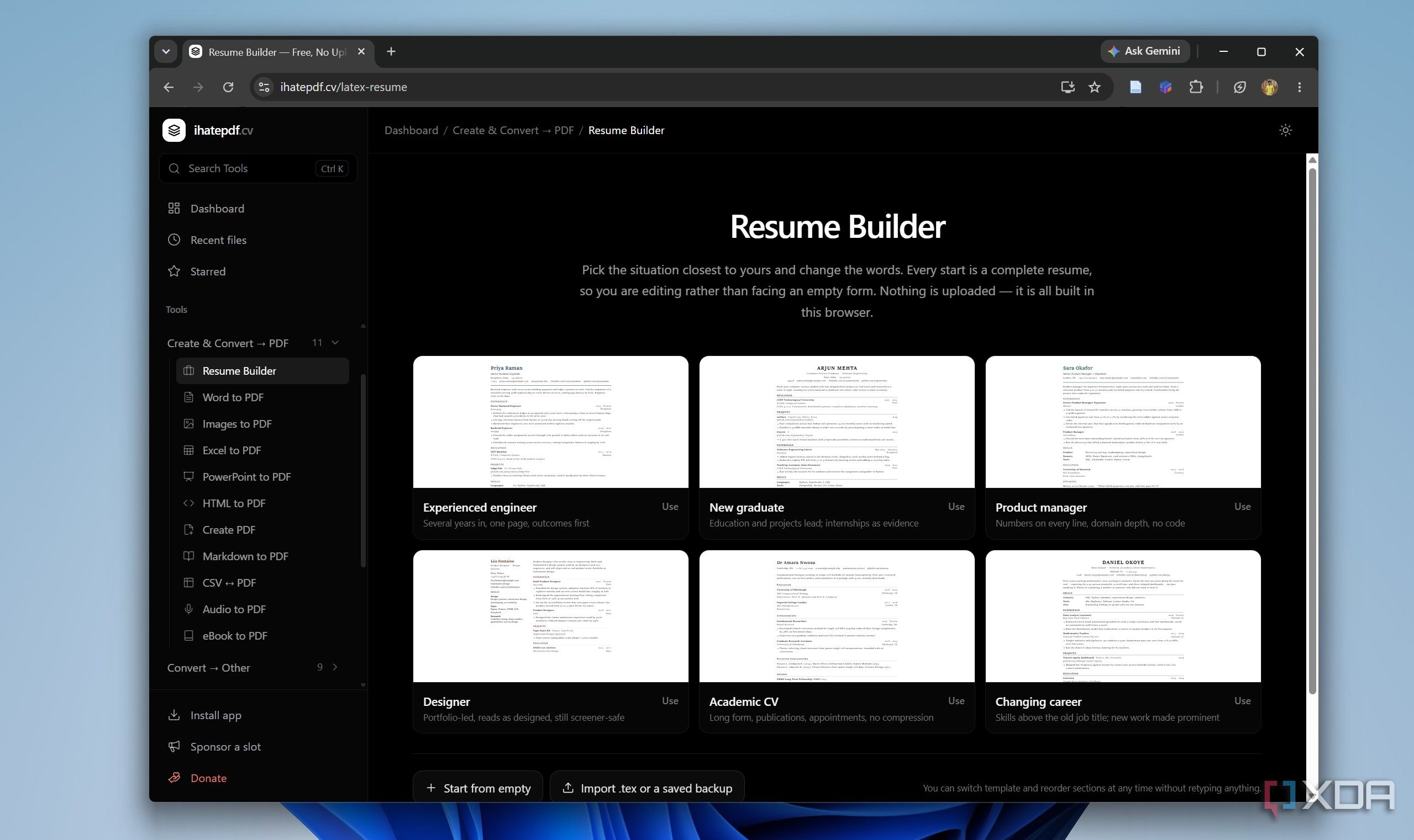 Resume builder page in ihatepdf