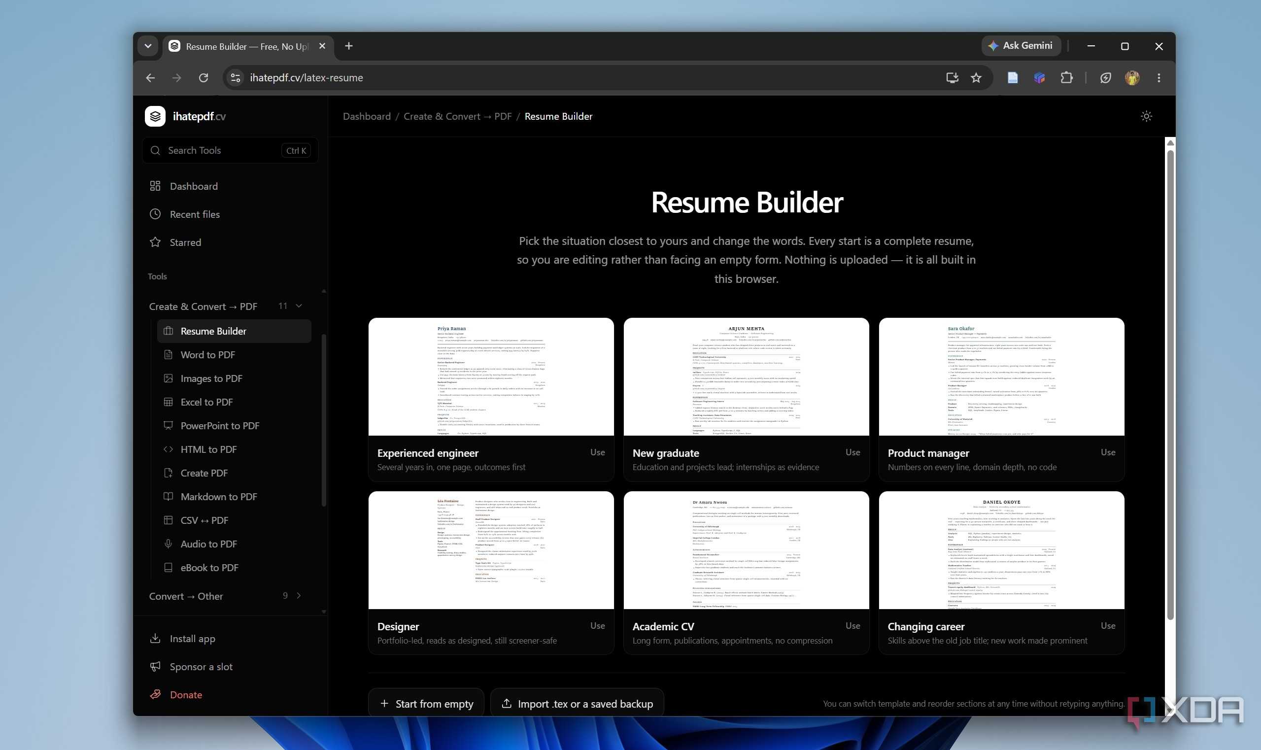 Resume builder page in ihatepdf