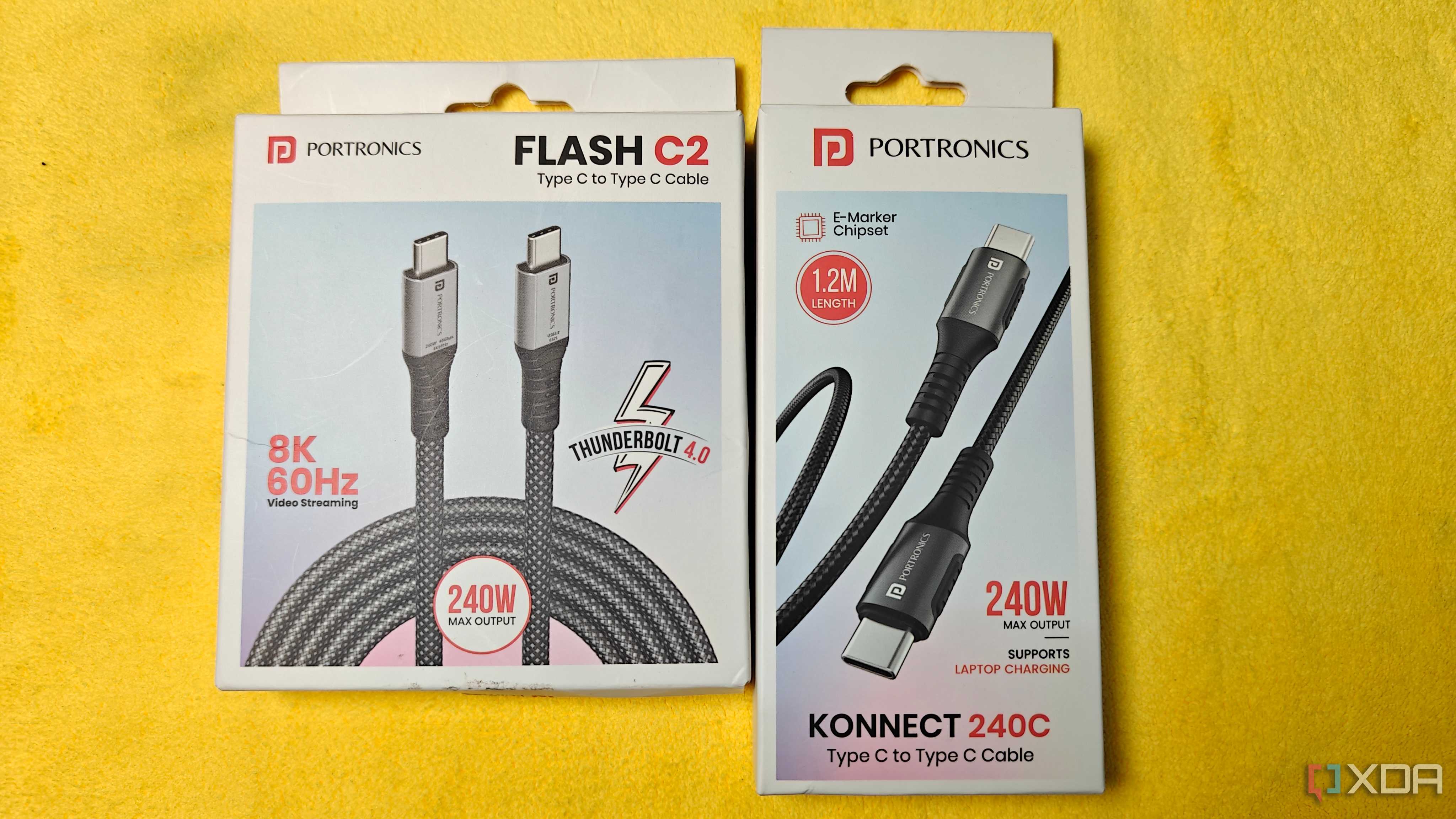 the portronics flash c2 box with a thunderbolt 4.0 badge beside the portronics konnect 240c box