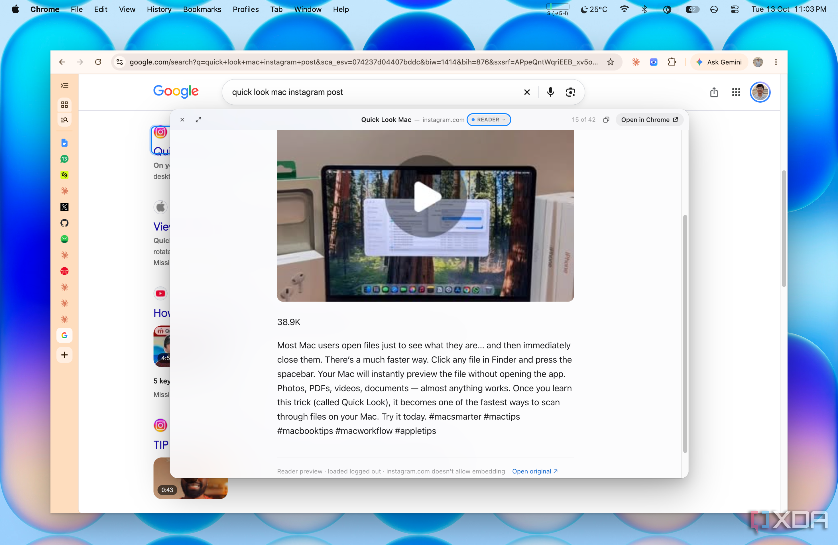 browser extension opening instagram post in preview on reader mode
