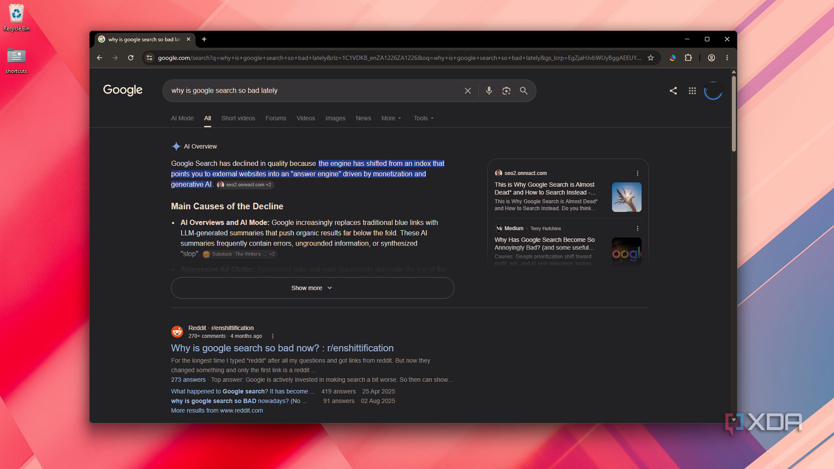 investigating poor Google search in Chrome