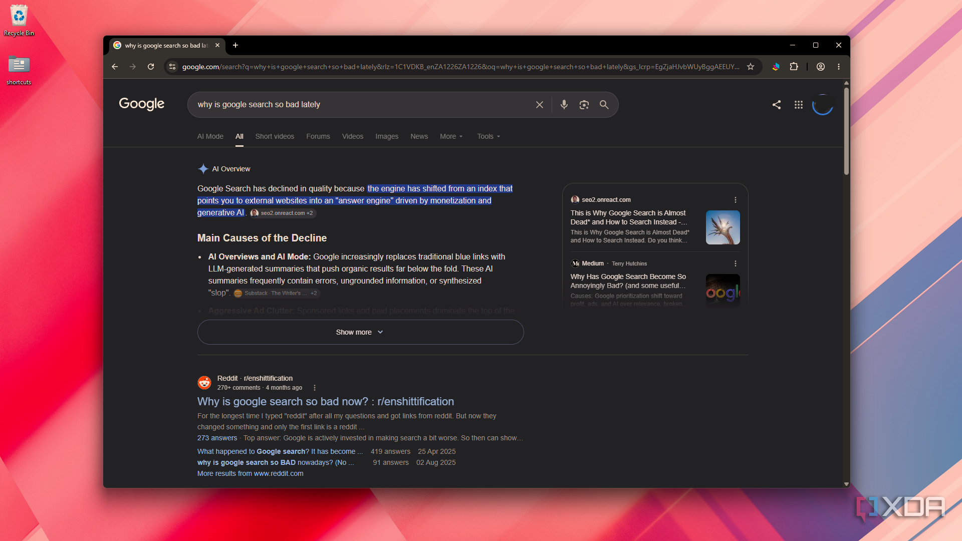 investigating poor Google search in Chrome