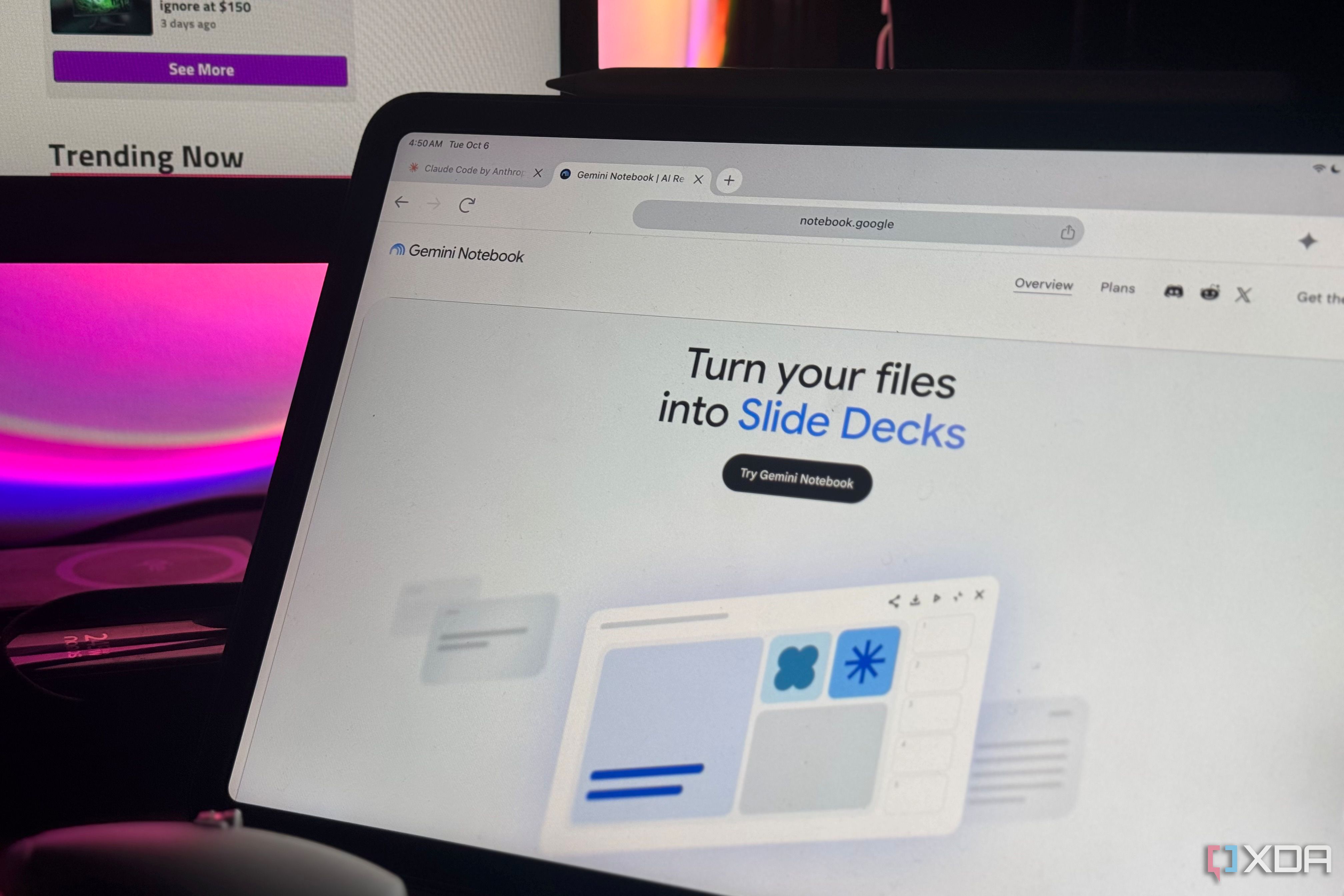 iPad showing the Gemini Notebook website promoting turning files into Slide Decks