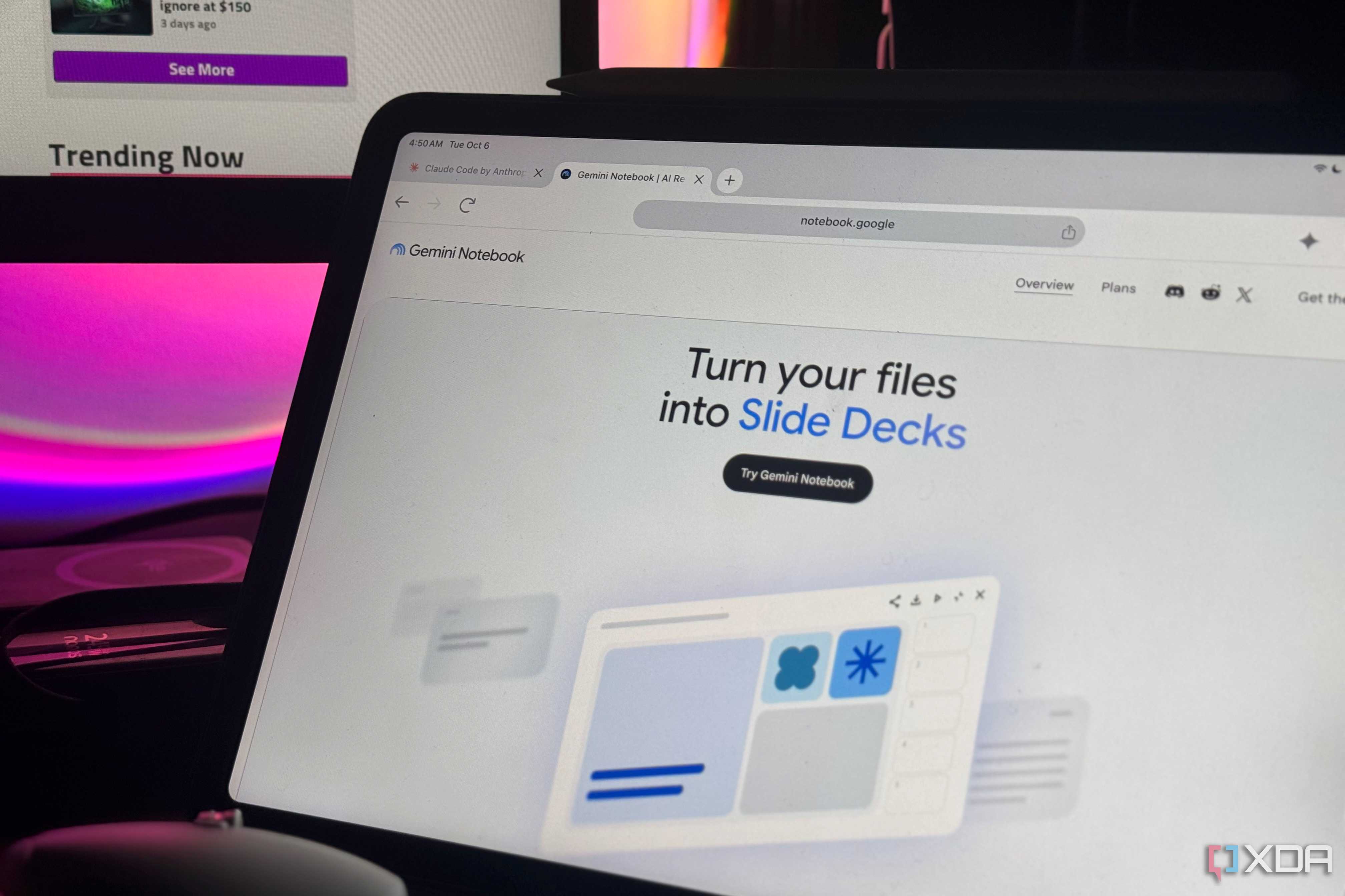iPad showing the Gemini Notebook website promoting turning files into Slide Decks