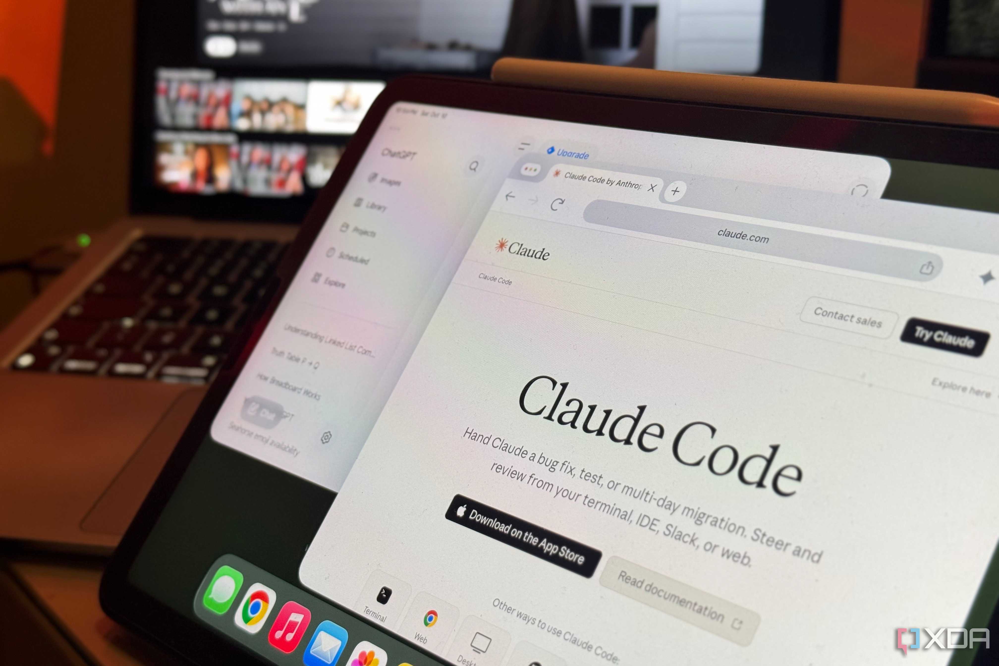 iPad with ChatGPT's sidebar open beside the Claude Code page on claude.com
