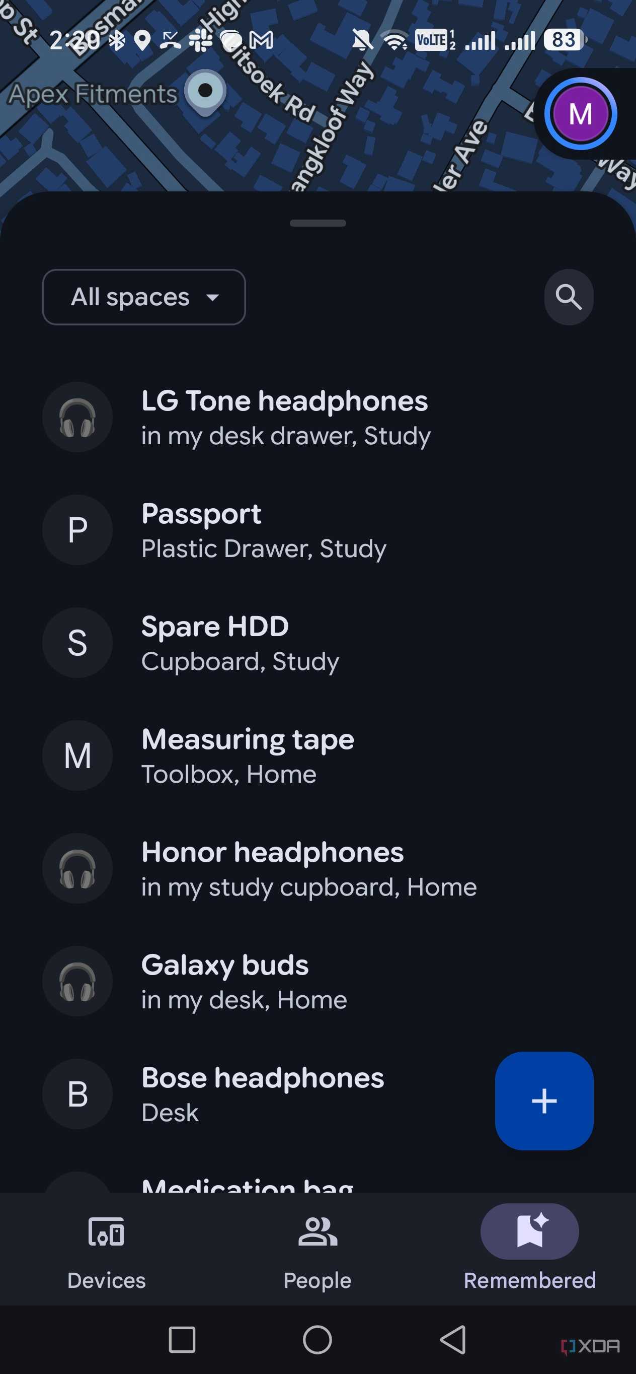items in the remembered tab in find hub