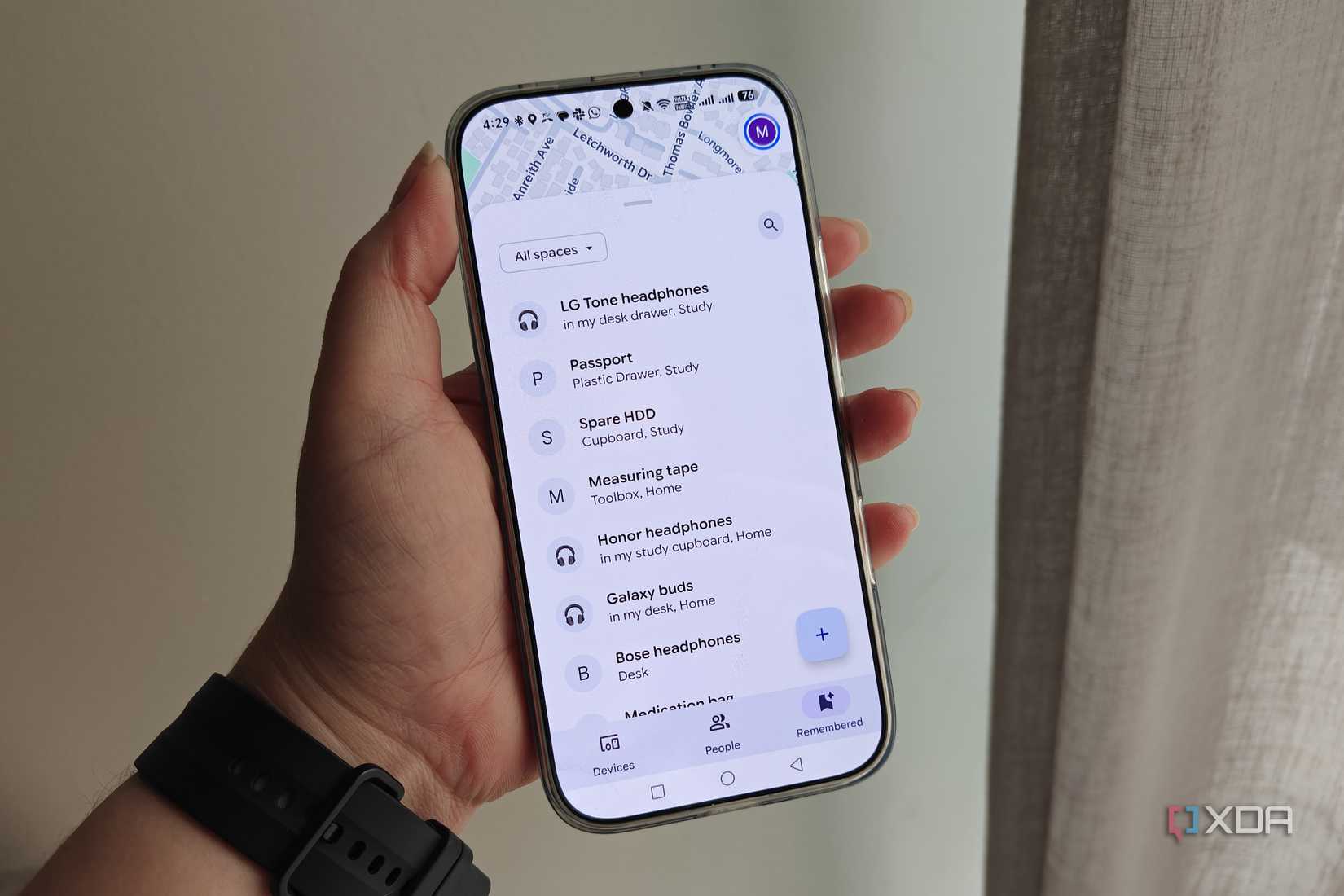 items listed in find hub on a smartphone
