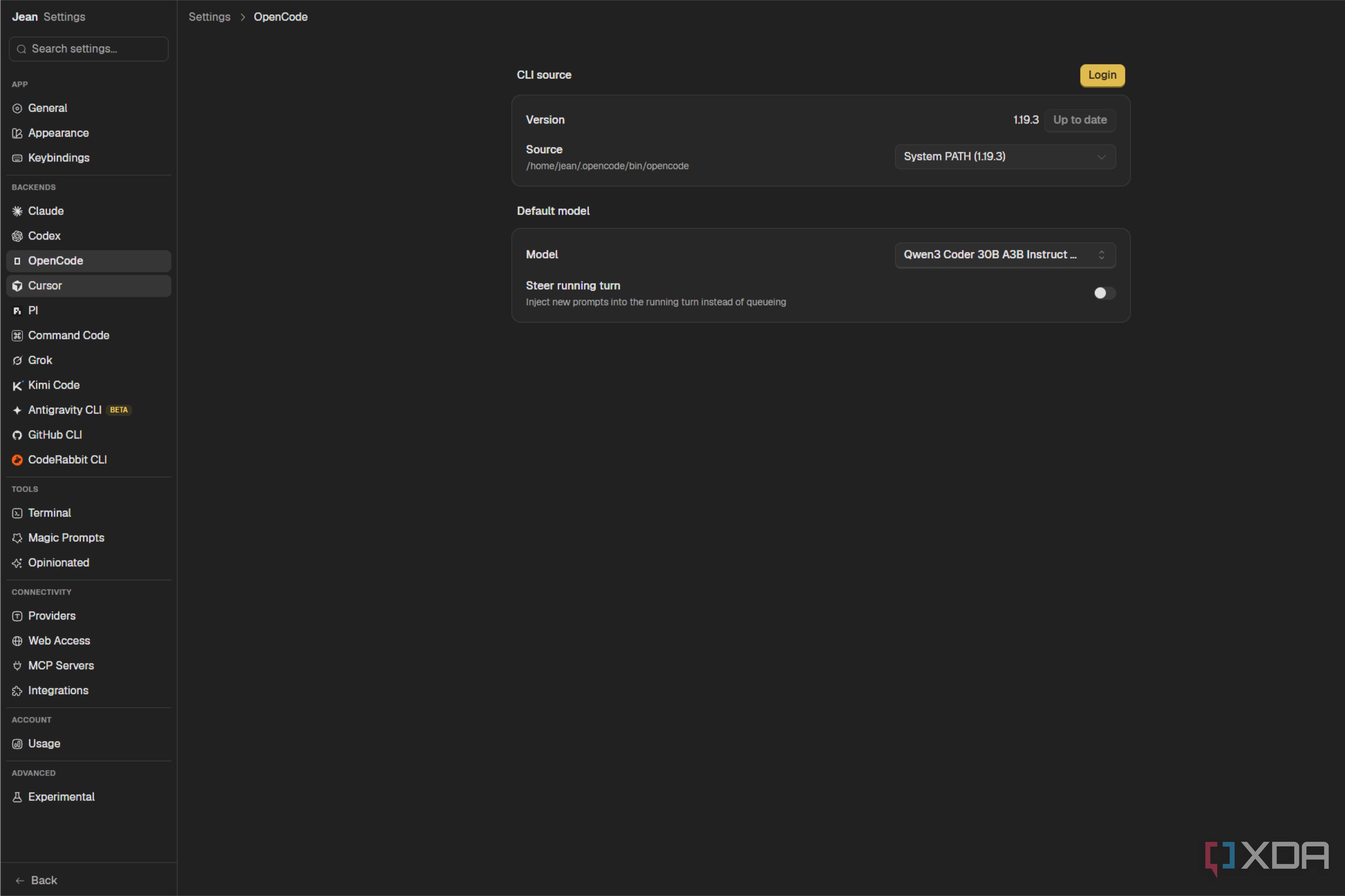 jean settings opencode backend