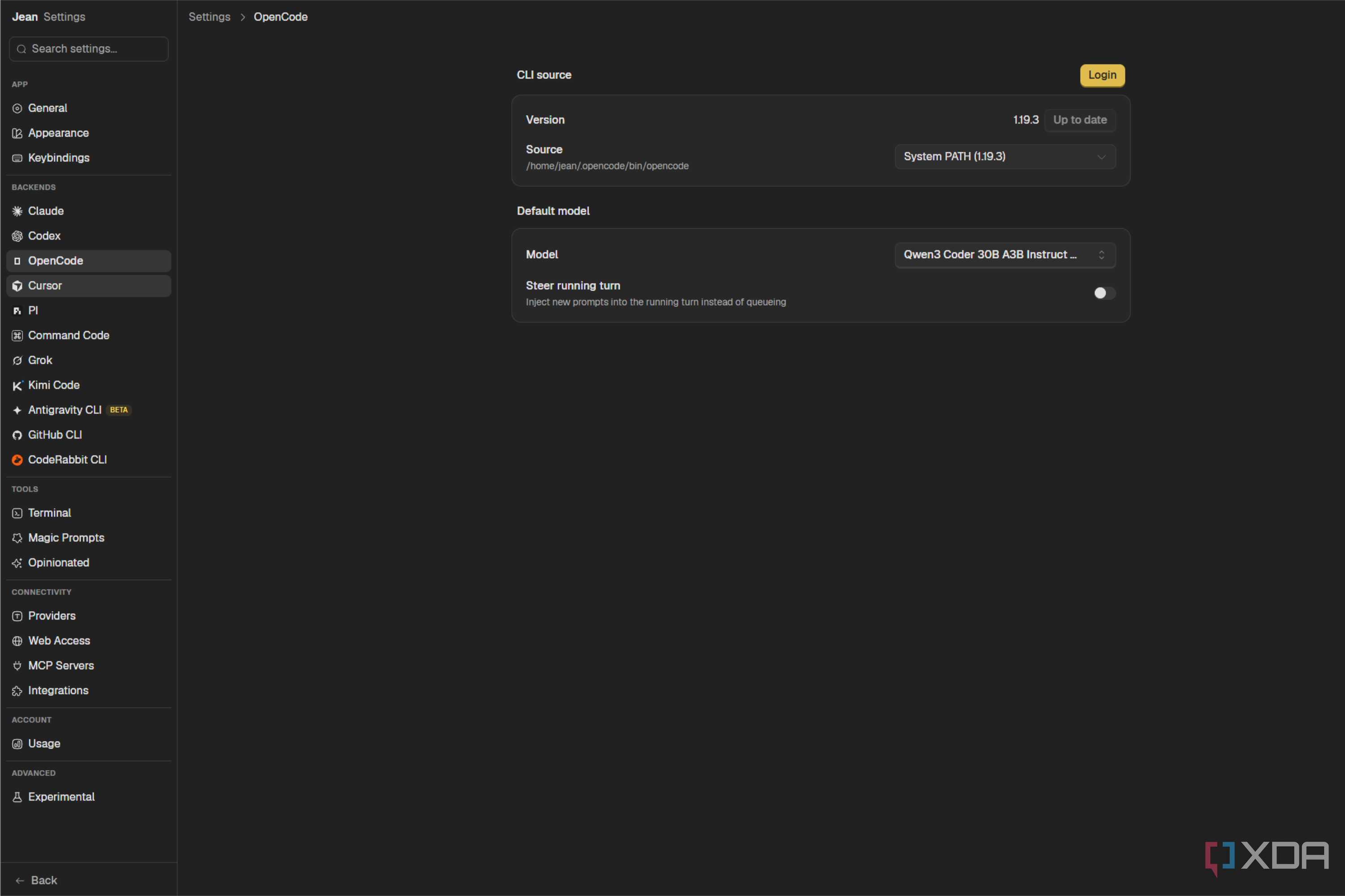 jean settings opencode backend