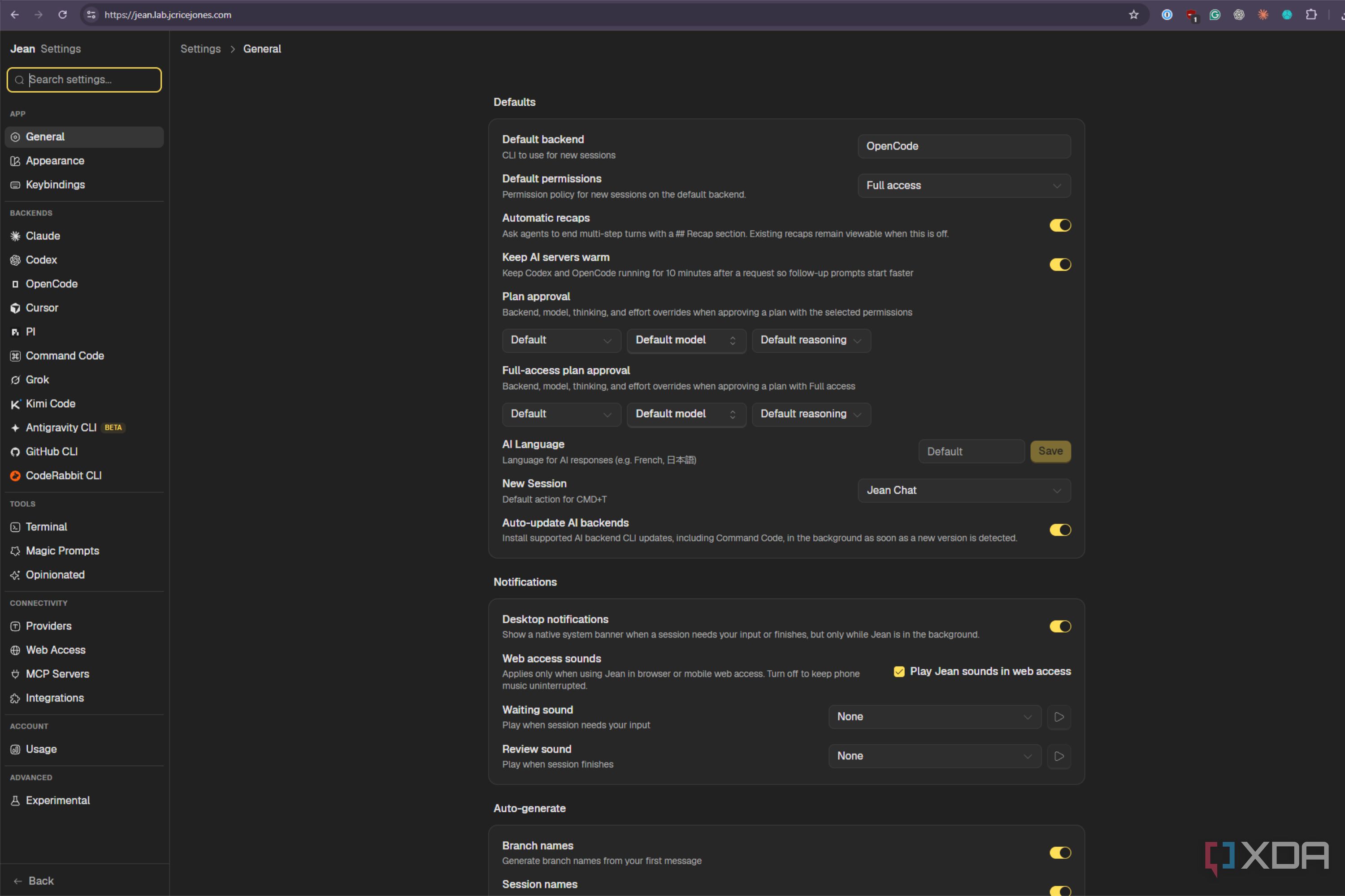 jean settings page