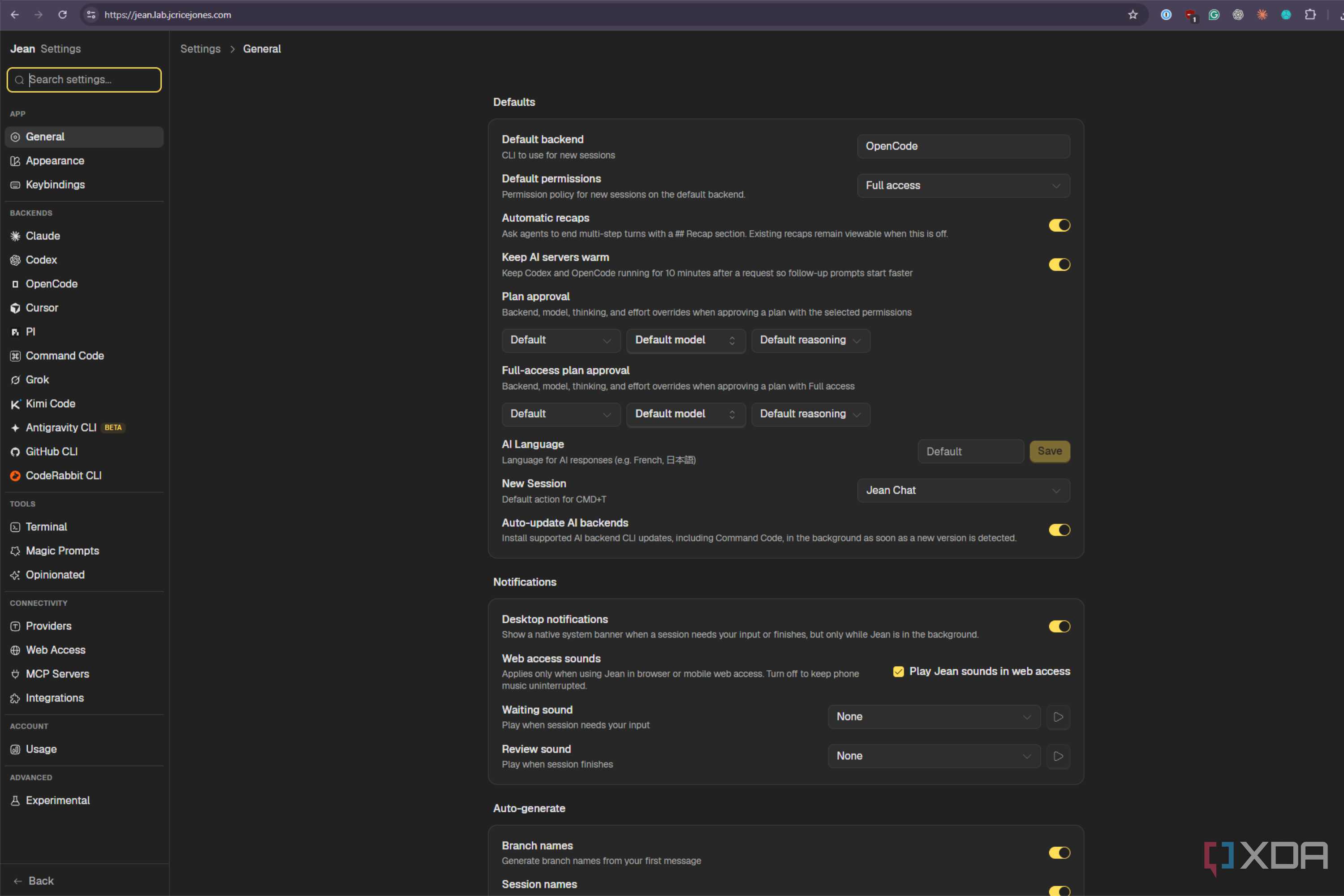 jean settings page