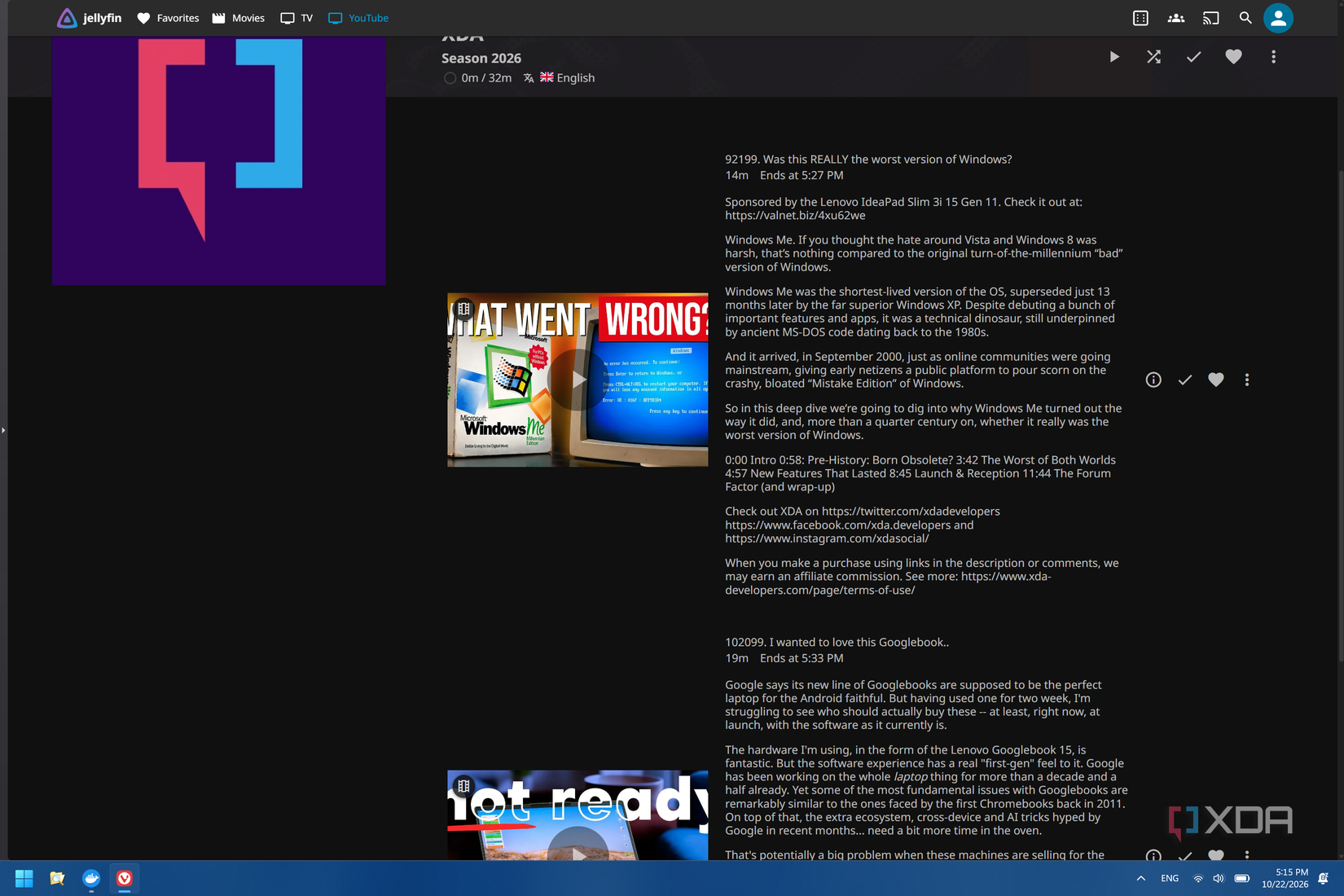 Screenshot of Jellyfin showing YouTube videos with metadata pulled by Pinchflat-ngx