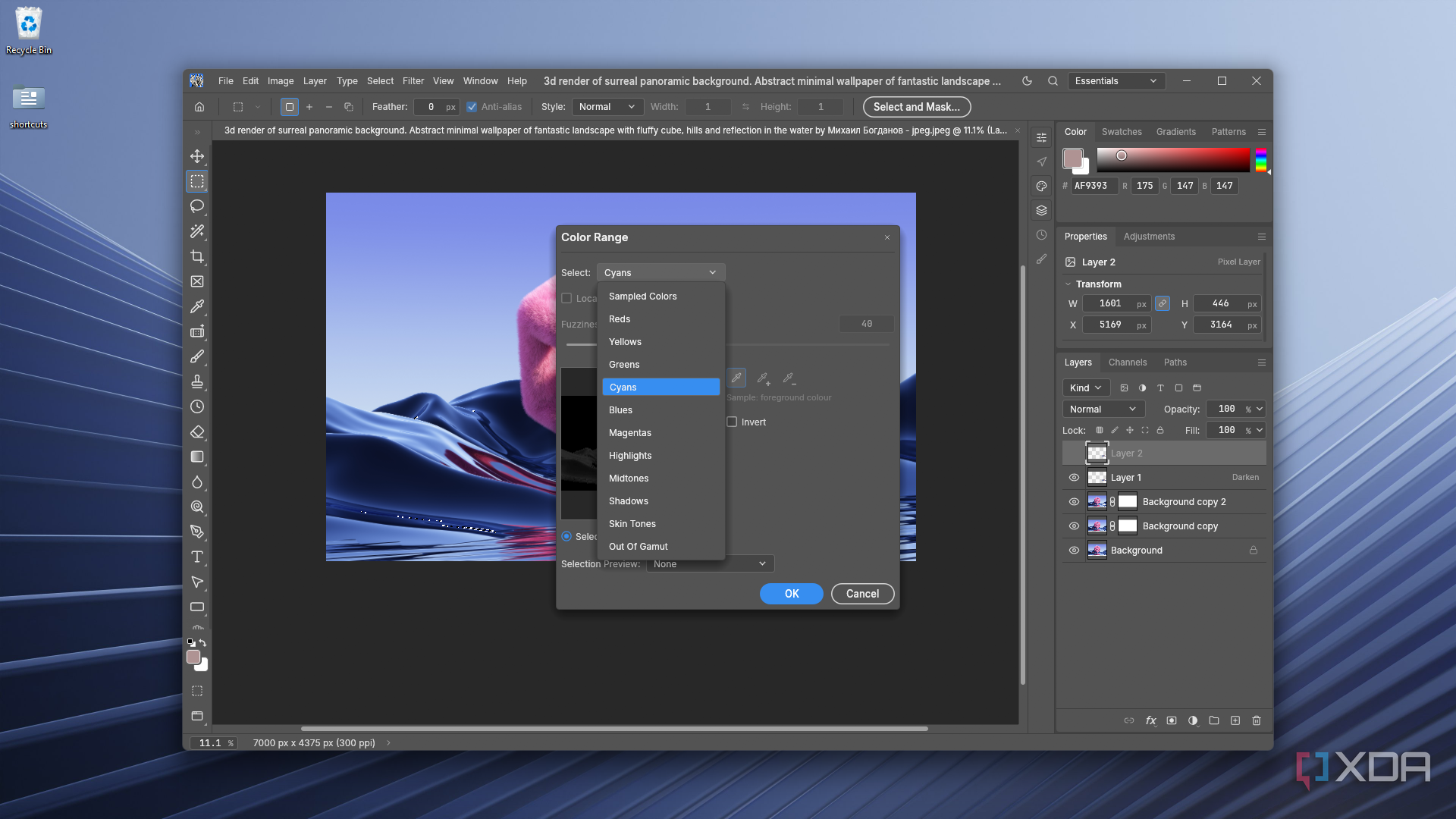 juggling Color Range cyans dropdown in PhotoCraft