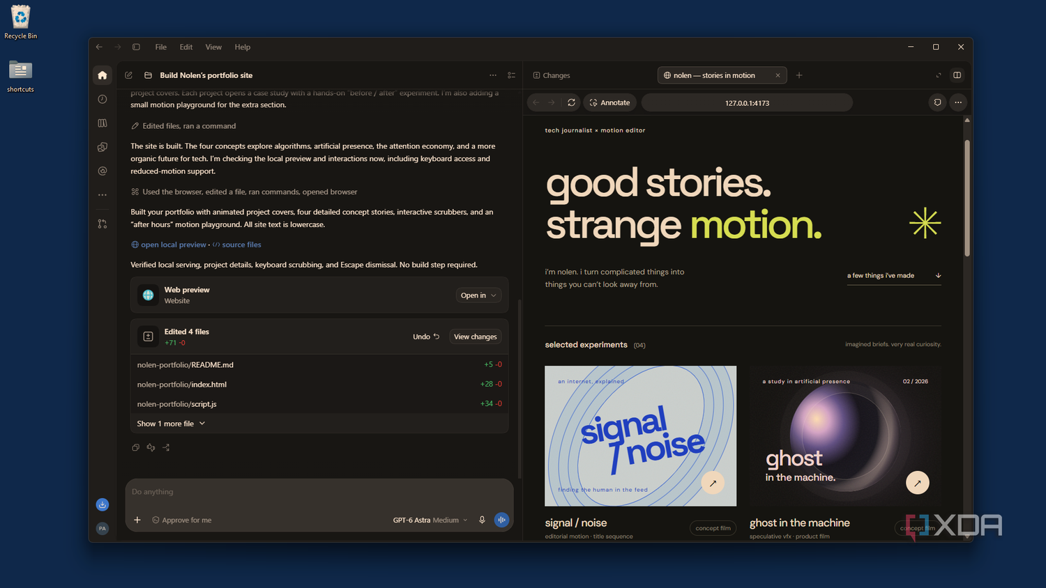 just finished Astra site preview in Codex panel