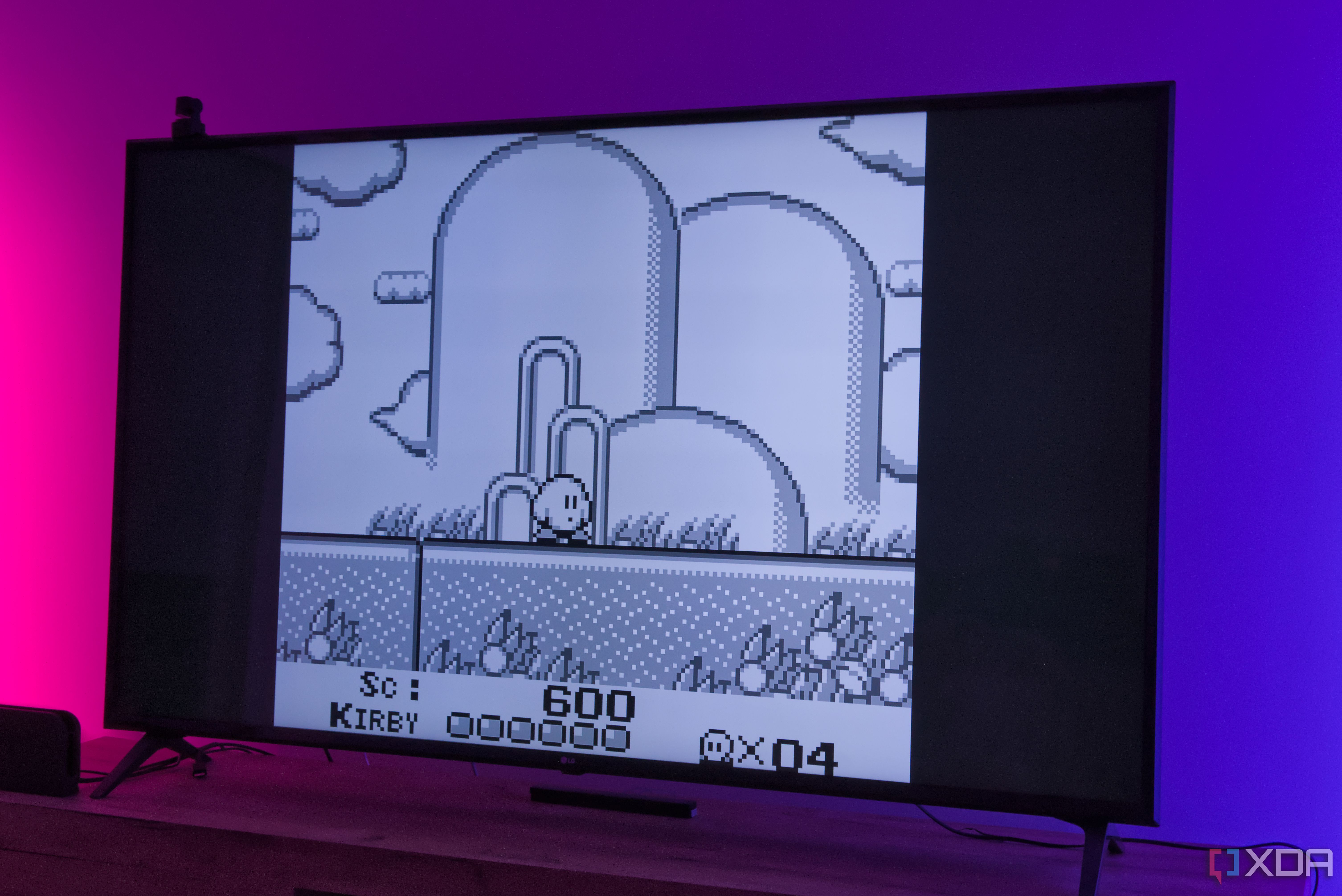 A TV displaying a level in Kirby's Dream Land running on RetroArch