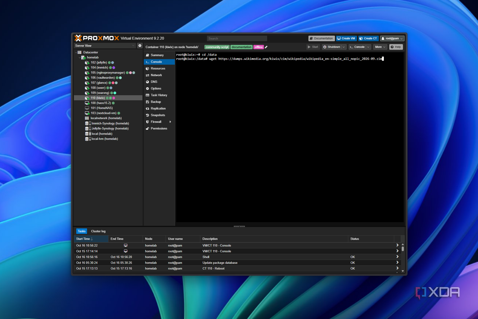 Screenshot of Proxmox running a Kiwix container and running a commmand to download a Wikipedia database