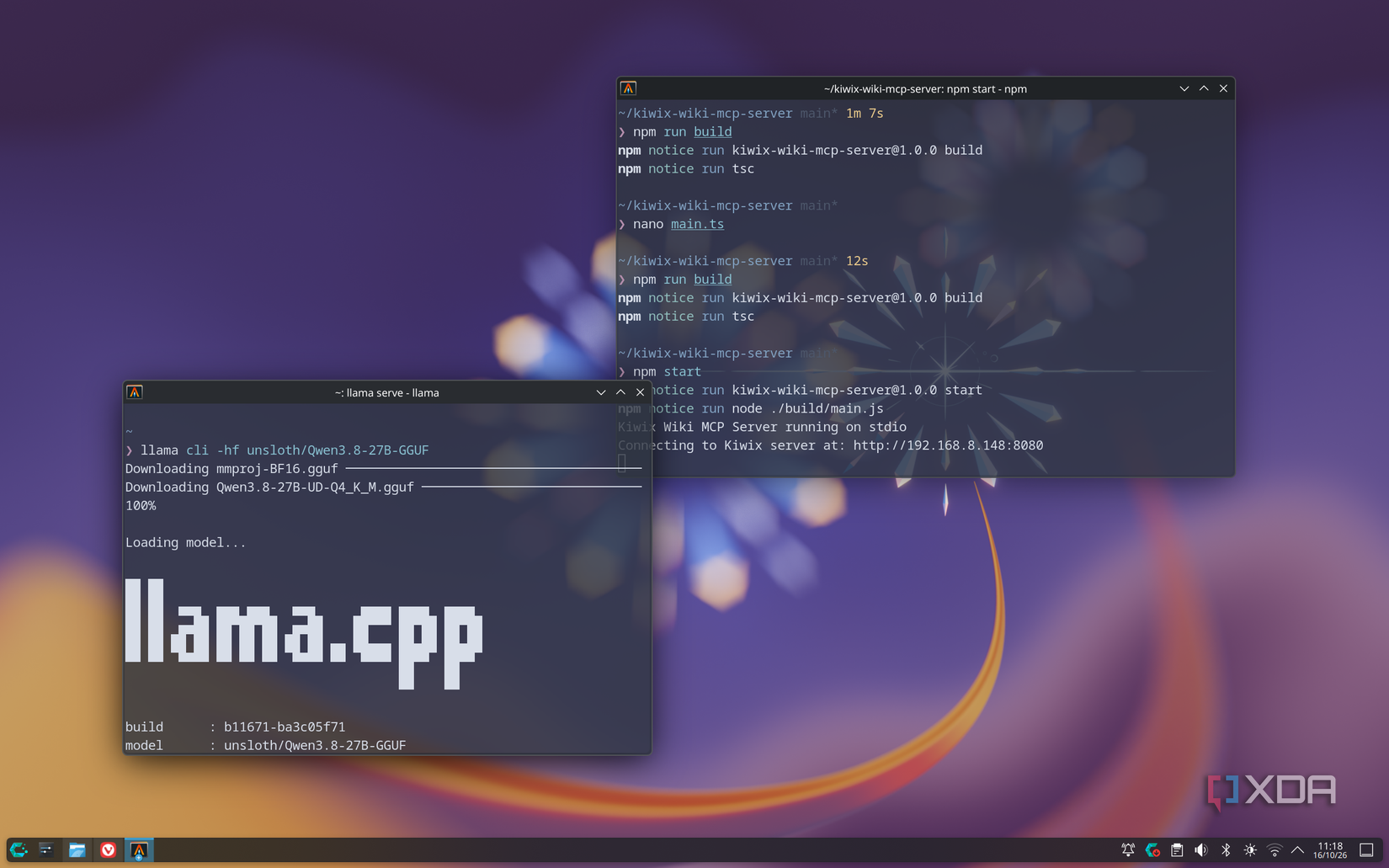 Screenshot of a KDE Plasma desktop showing a Kwiix MCP server and llama.cpp in separate terminal windows