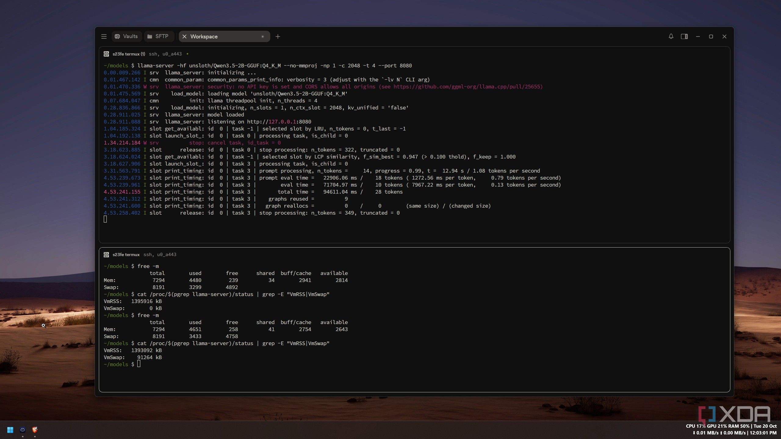 llama-server log with Qwen3.5 2B generating at 0.13 tokens per second