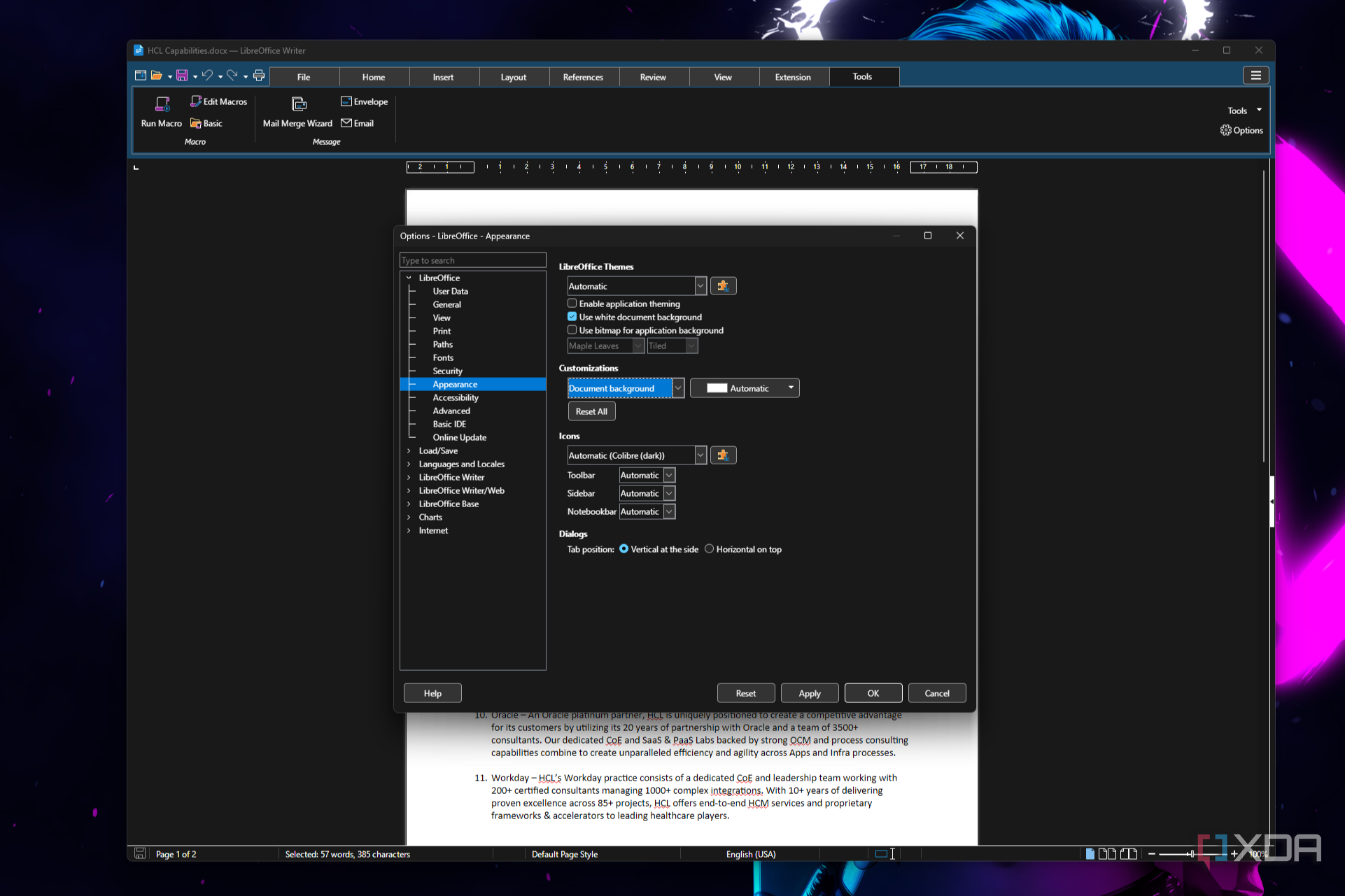 Screenshot of LibreOffice showing the appearance settings window