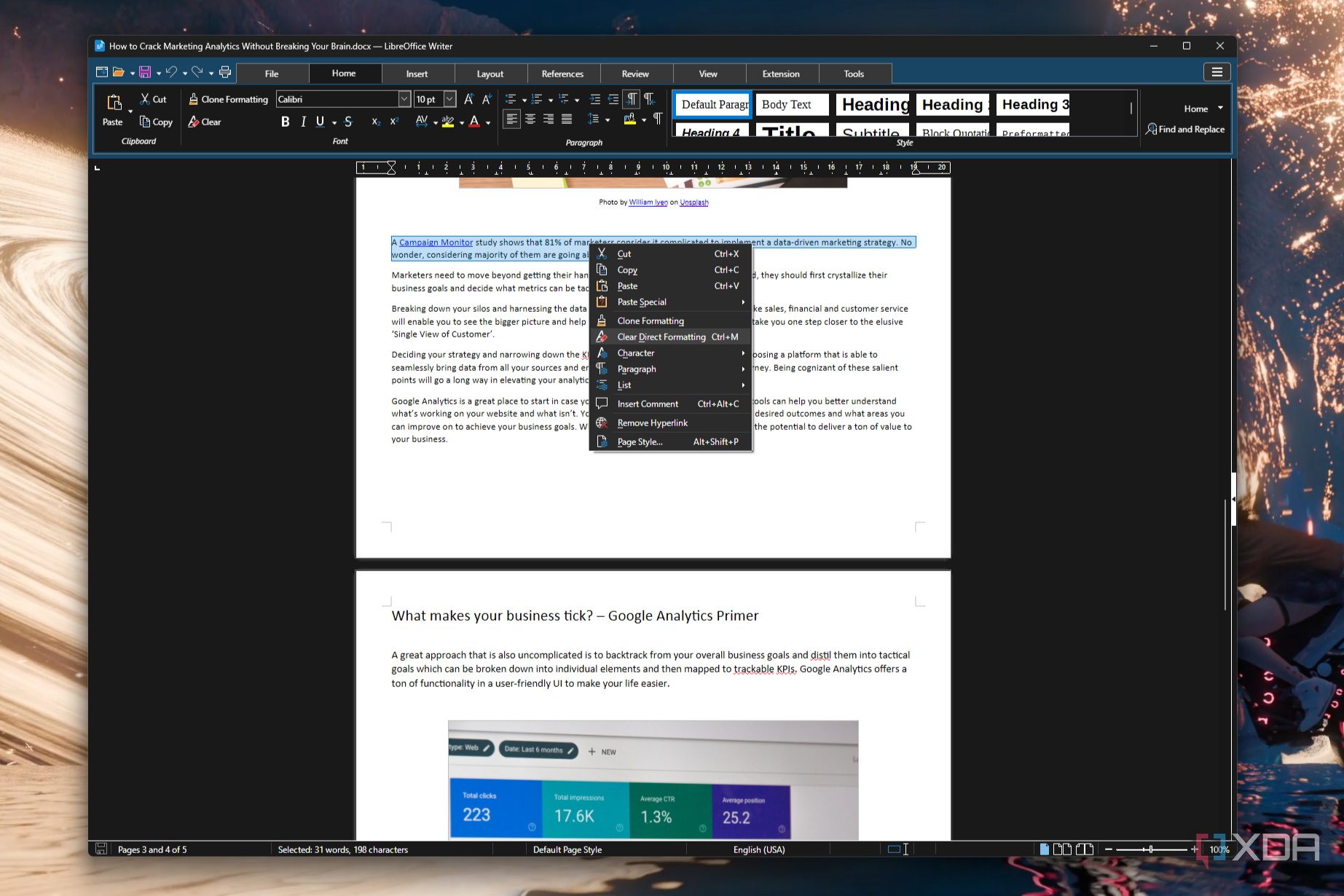 Screenshot of LibreOffice showing highlighted text in a DOCX file