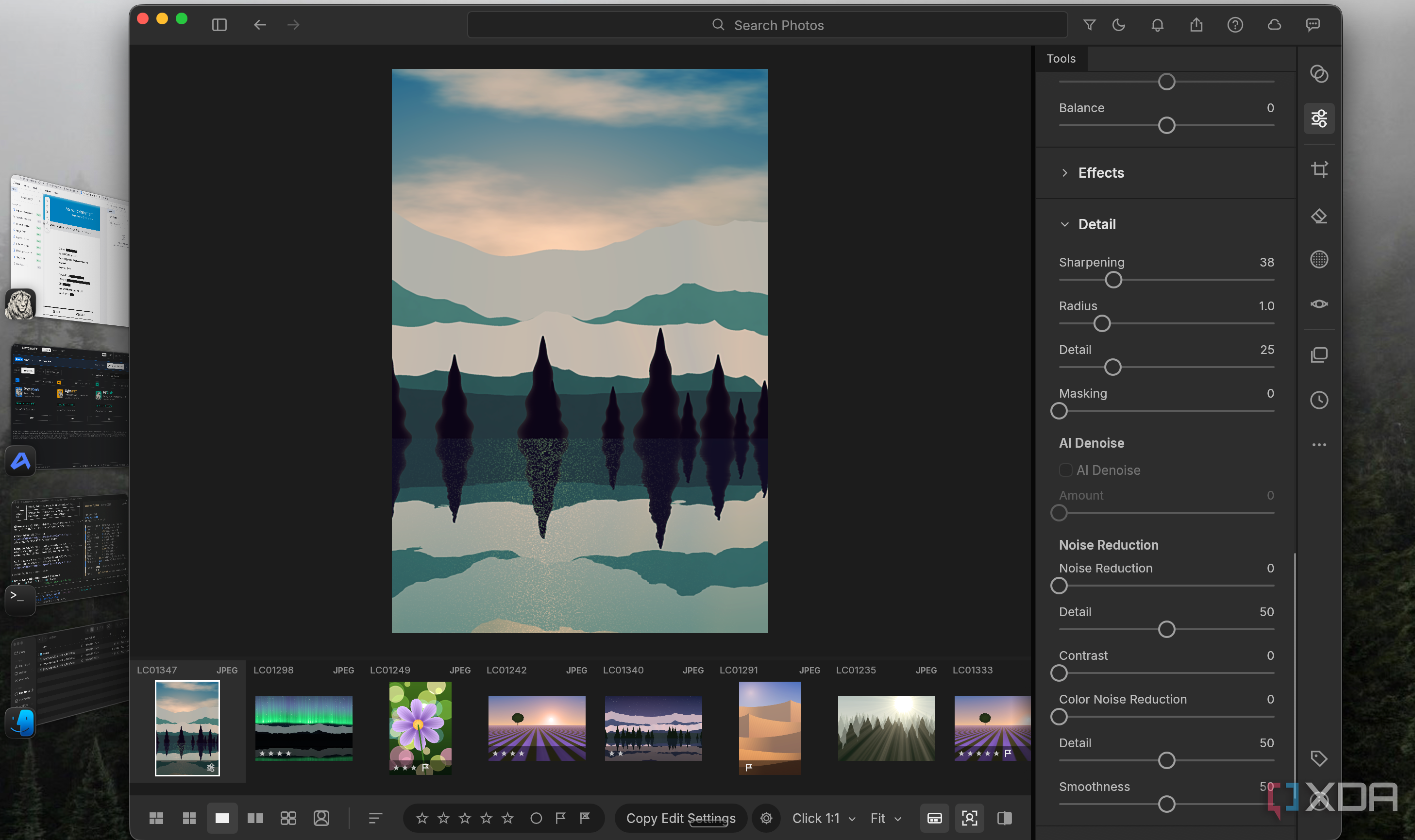 LightCraft Detail panel with sharpening raised to 38 on the purple-tinted forest lake photo