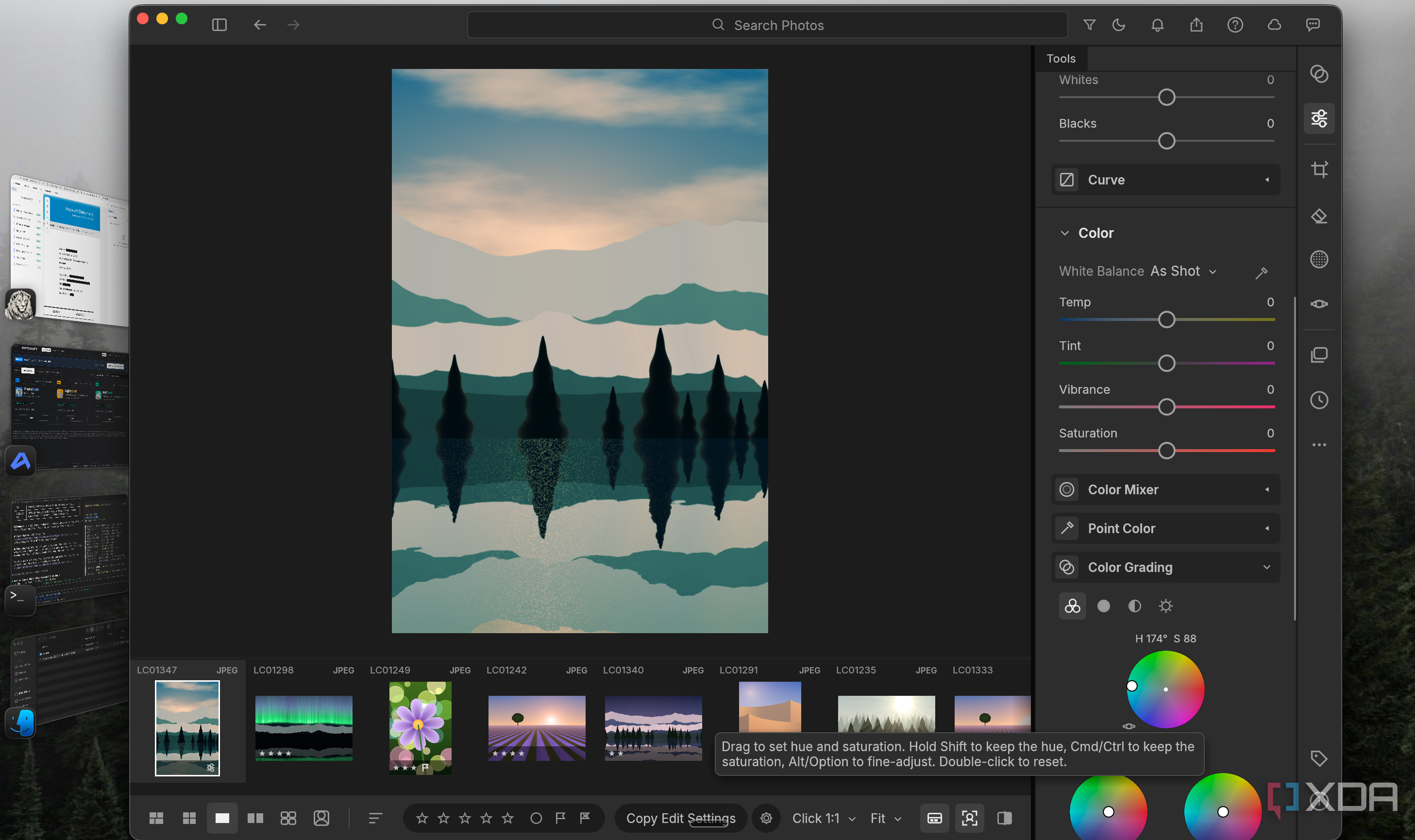 LightCraft editing a misty forest lake photo with Color Grading wheels and a hue tooltip