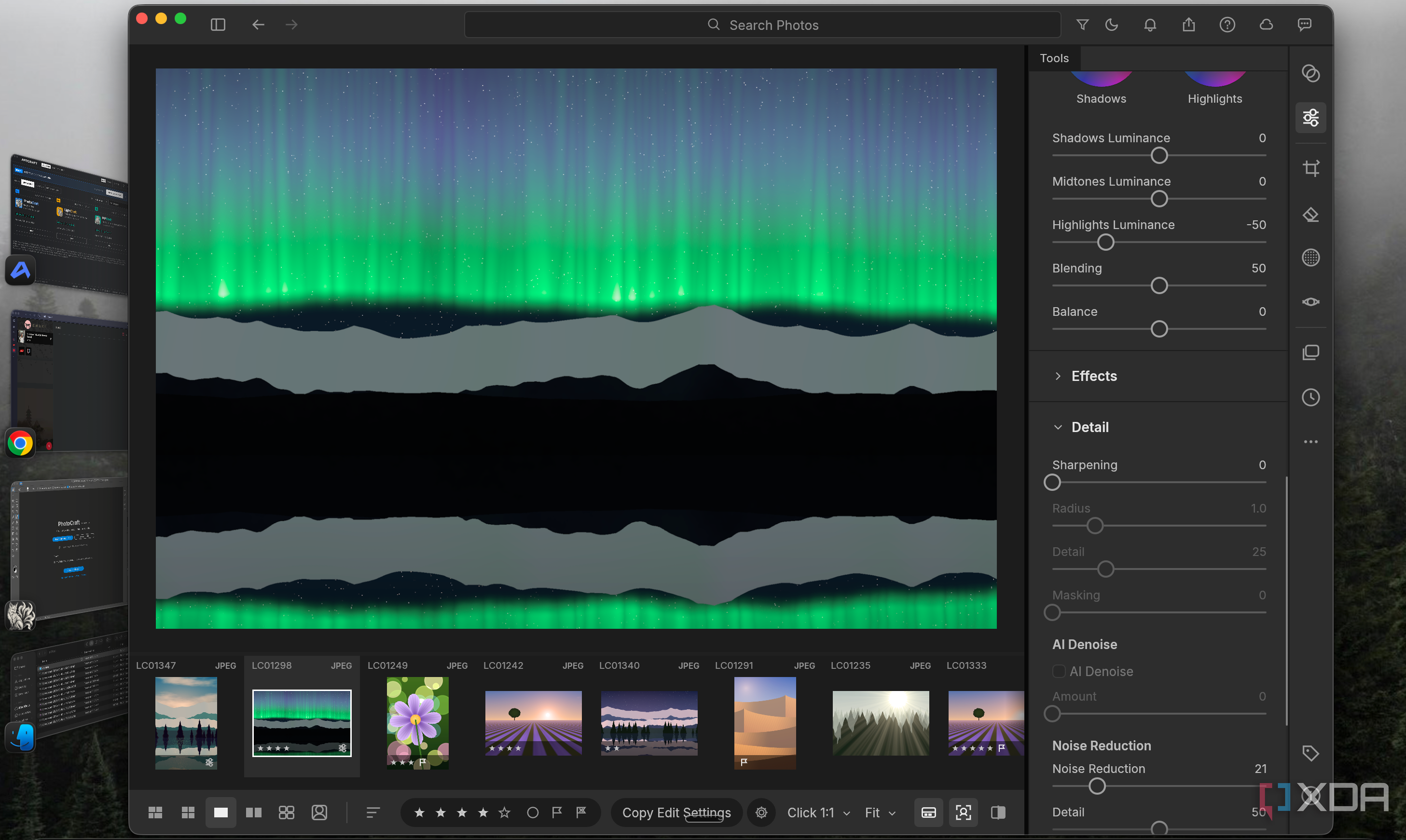 LightCraft editing an aurora landscape photo with Detail and Noise Reduction sliders open