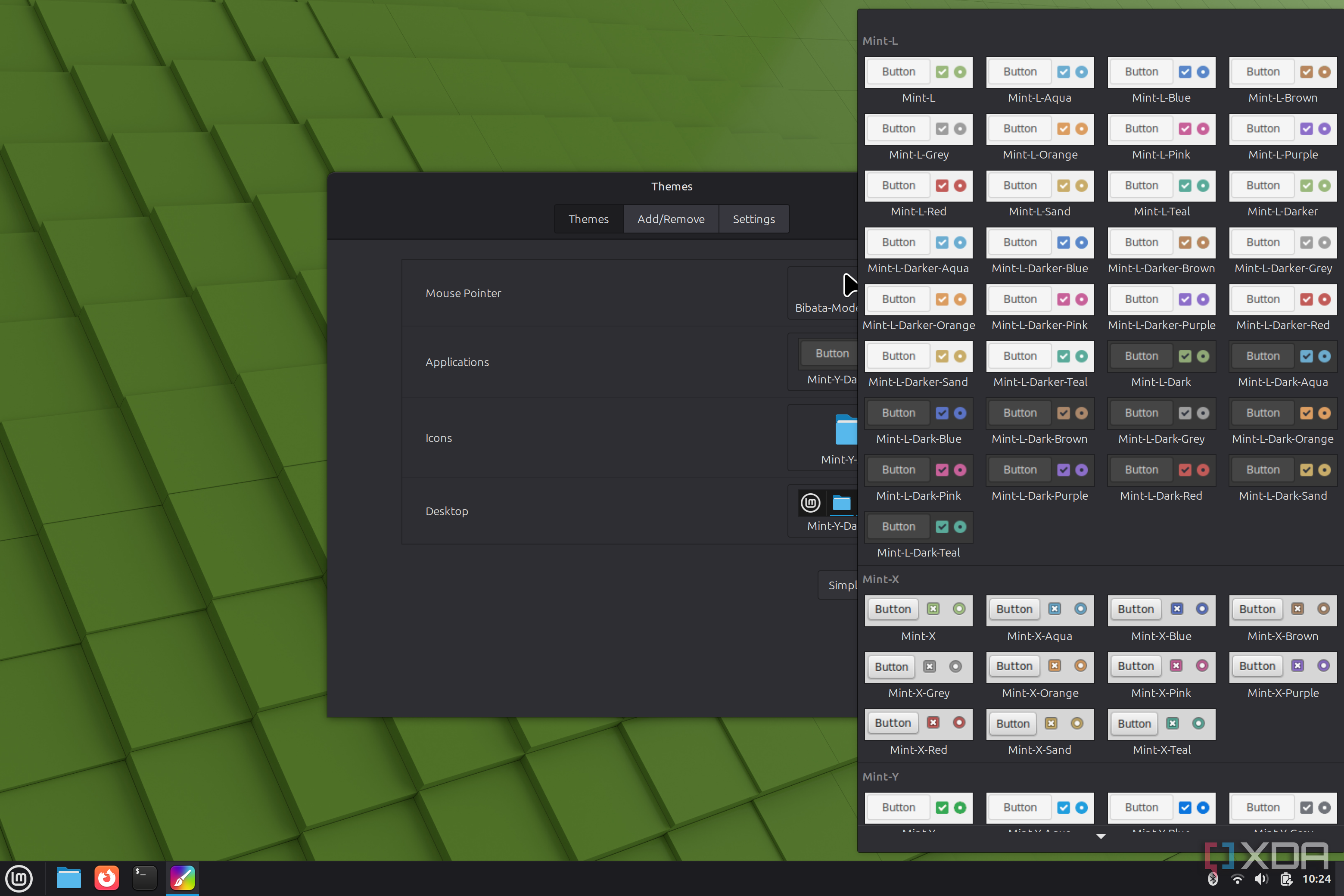 Screenshot of theming options in Linux Mint showing multiple color options for buttons and checkboxes