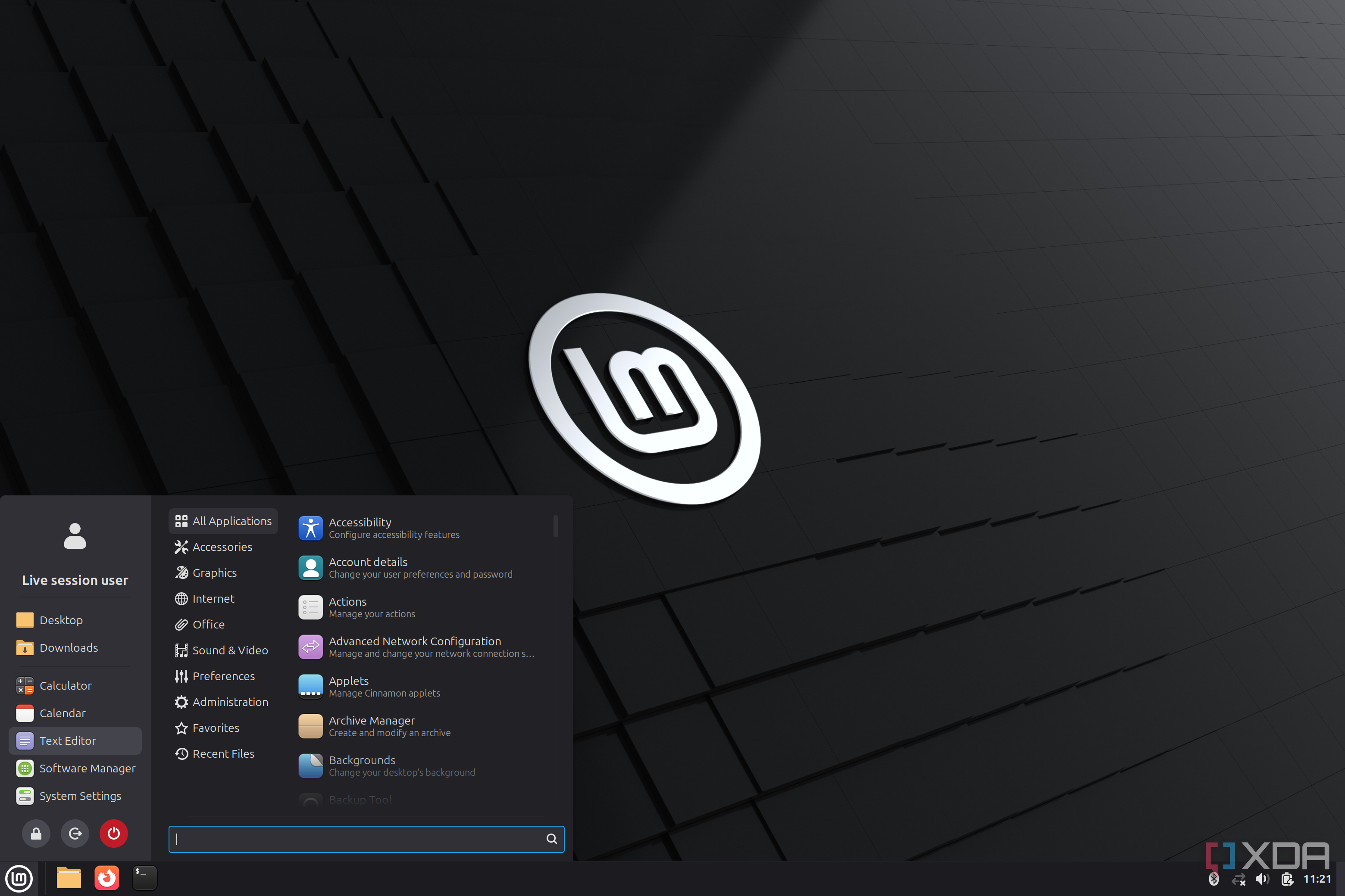 Screenshot of a Linux Mint desktop showing the application launcher