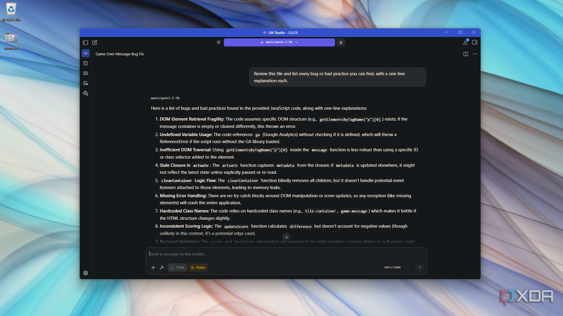listing bugs and bad practices via LM Studio