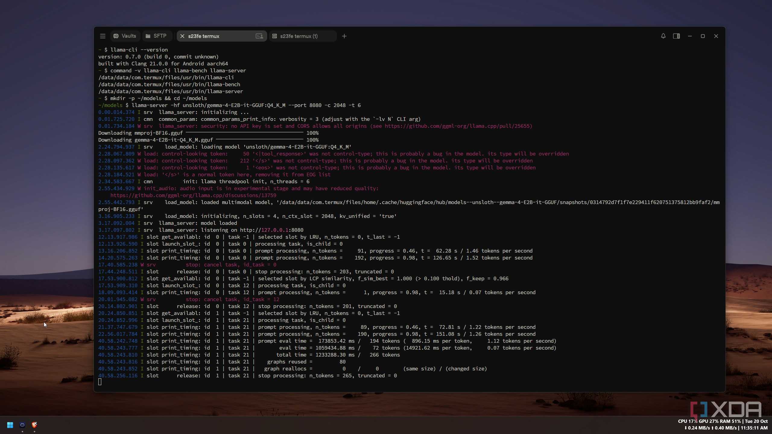 llama-server log with Gemma 4 E2B generating at 0.07 tokens per second