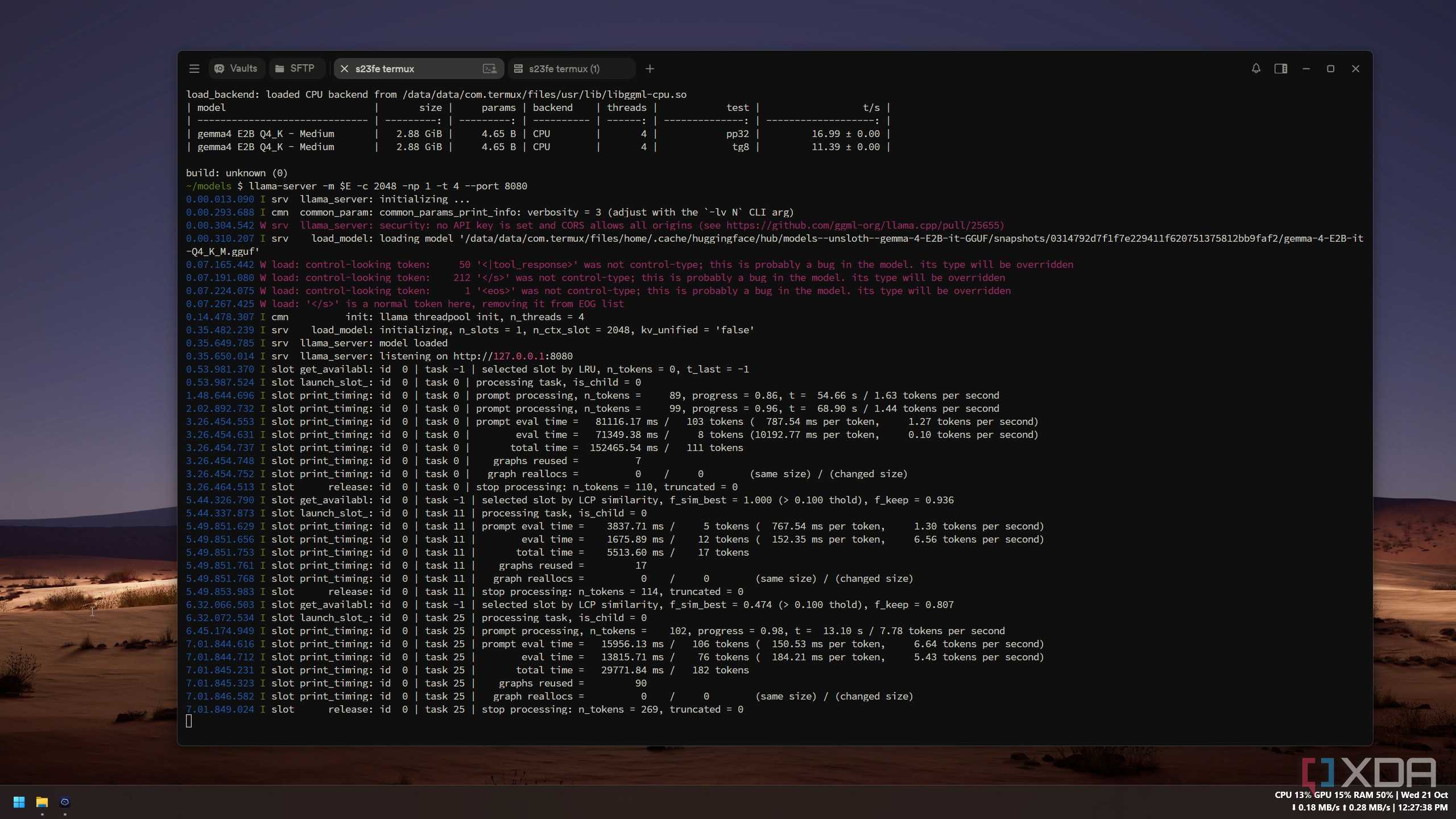 llama-server log showing 0.10 tokens per second, then 6.56 in split screen