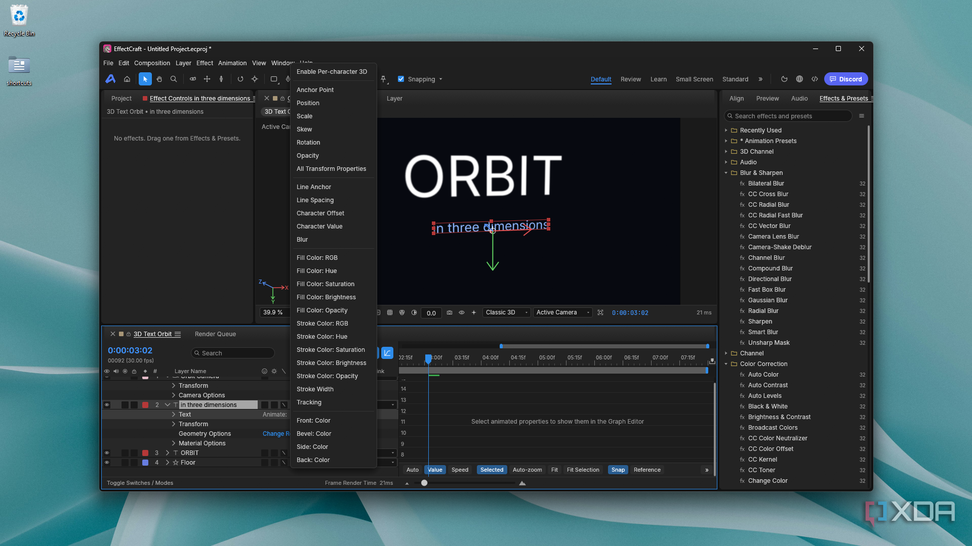 loading Animate properties menu in EffectCraft