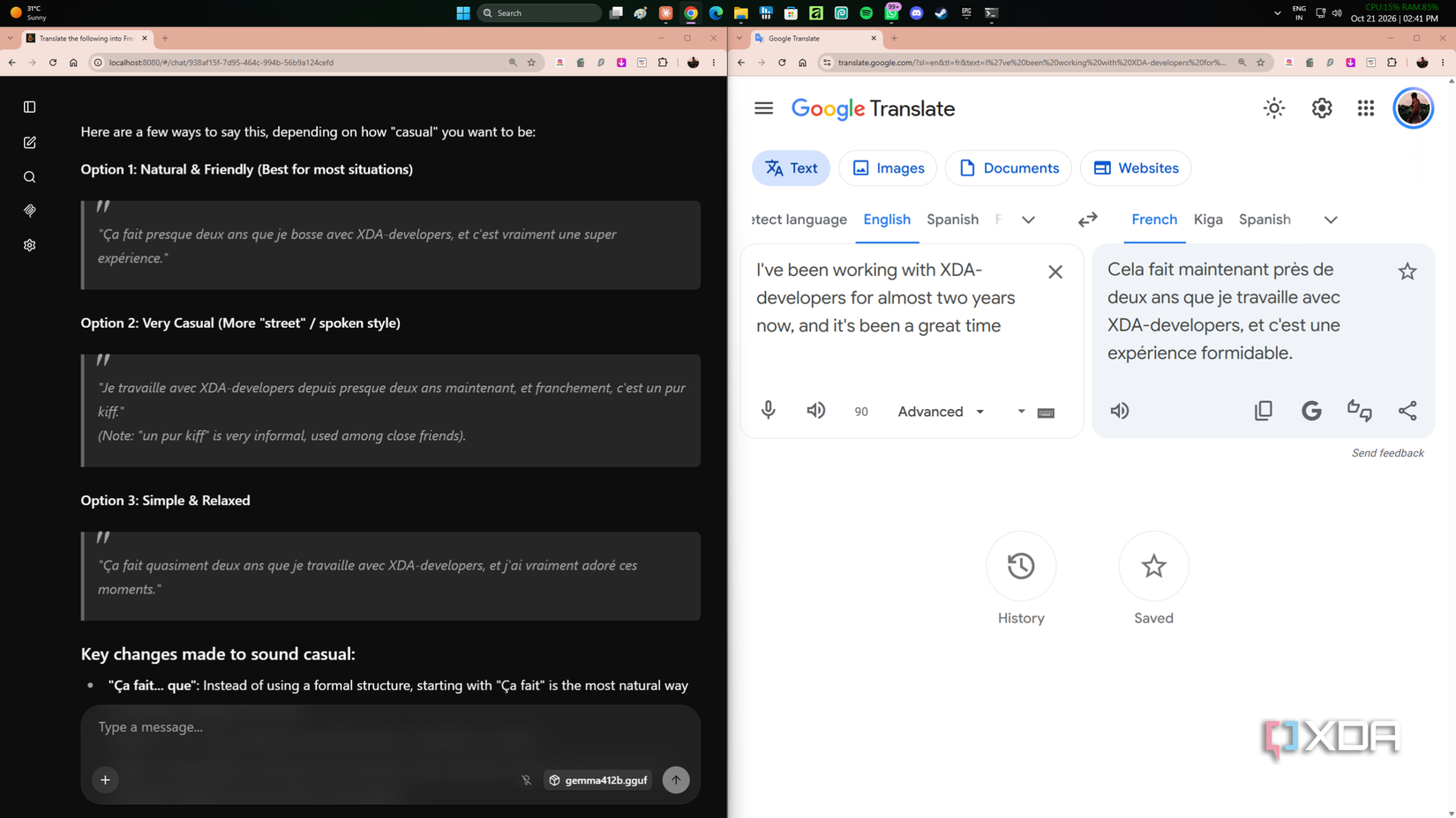 Gemma4-9B translating into French compared with vanilla Google Translate.
