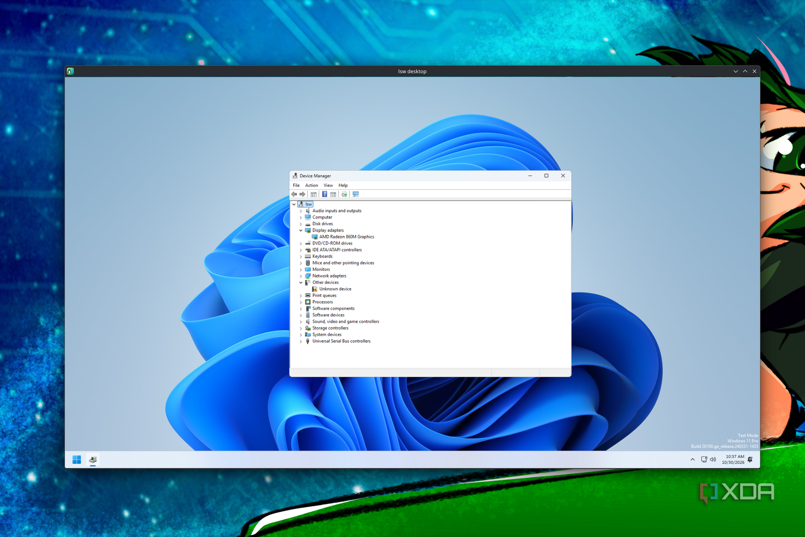 Screenshot of Device Manager on Windows 11 running through LSW, showing a detected GPU