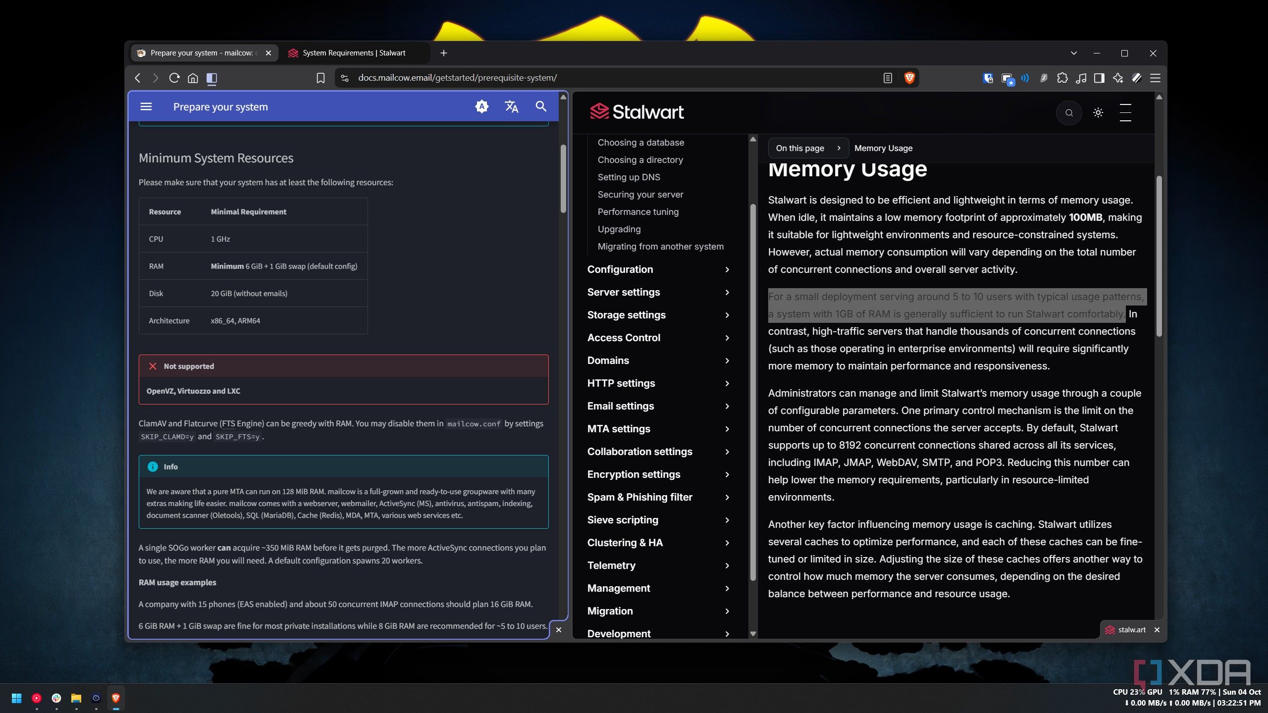Сравнение системных требований почтовых серверов Stalwart и Mailcow