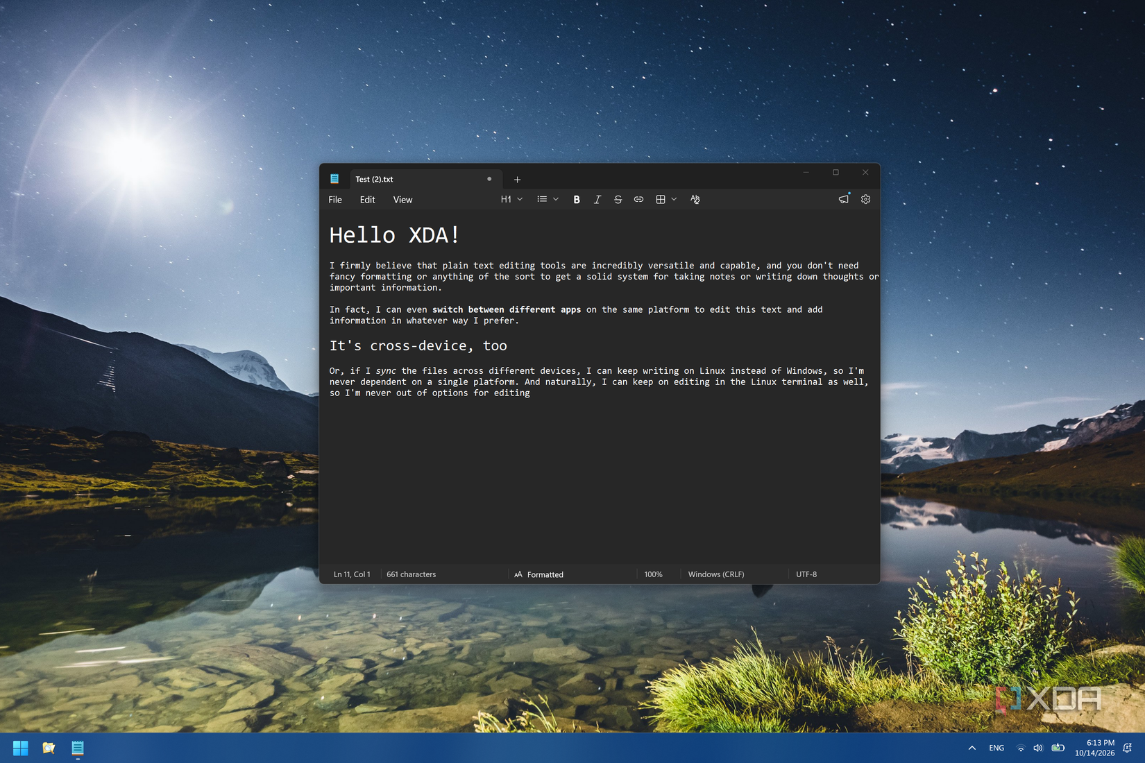 Screenshot of Notepad editing a Markdown file on Windows 11, using basic formatting options