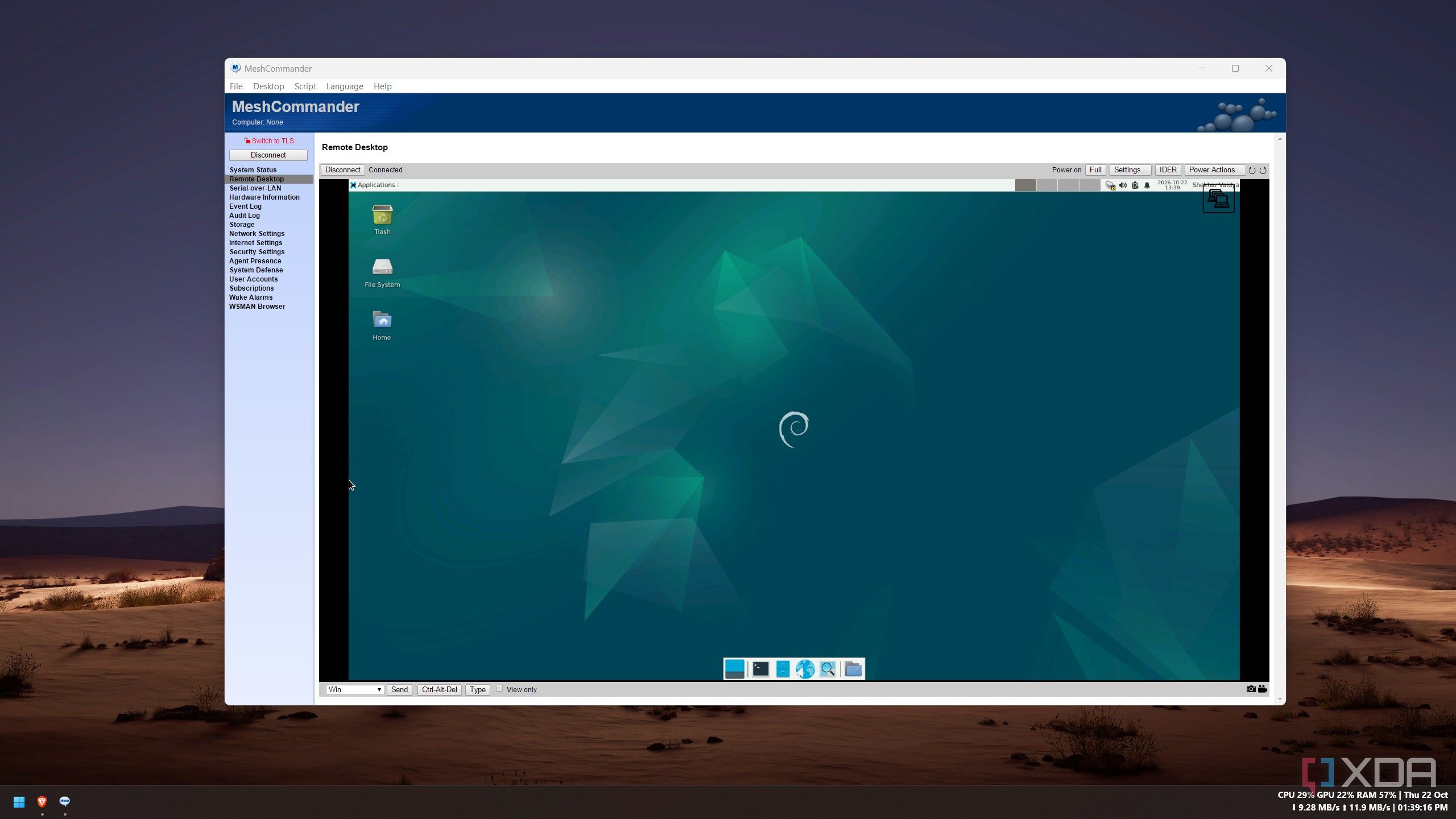 Debian desktop of the home server shown live in the MeshCommander remote desktop window