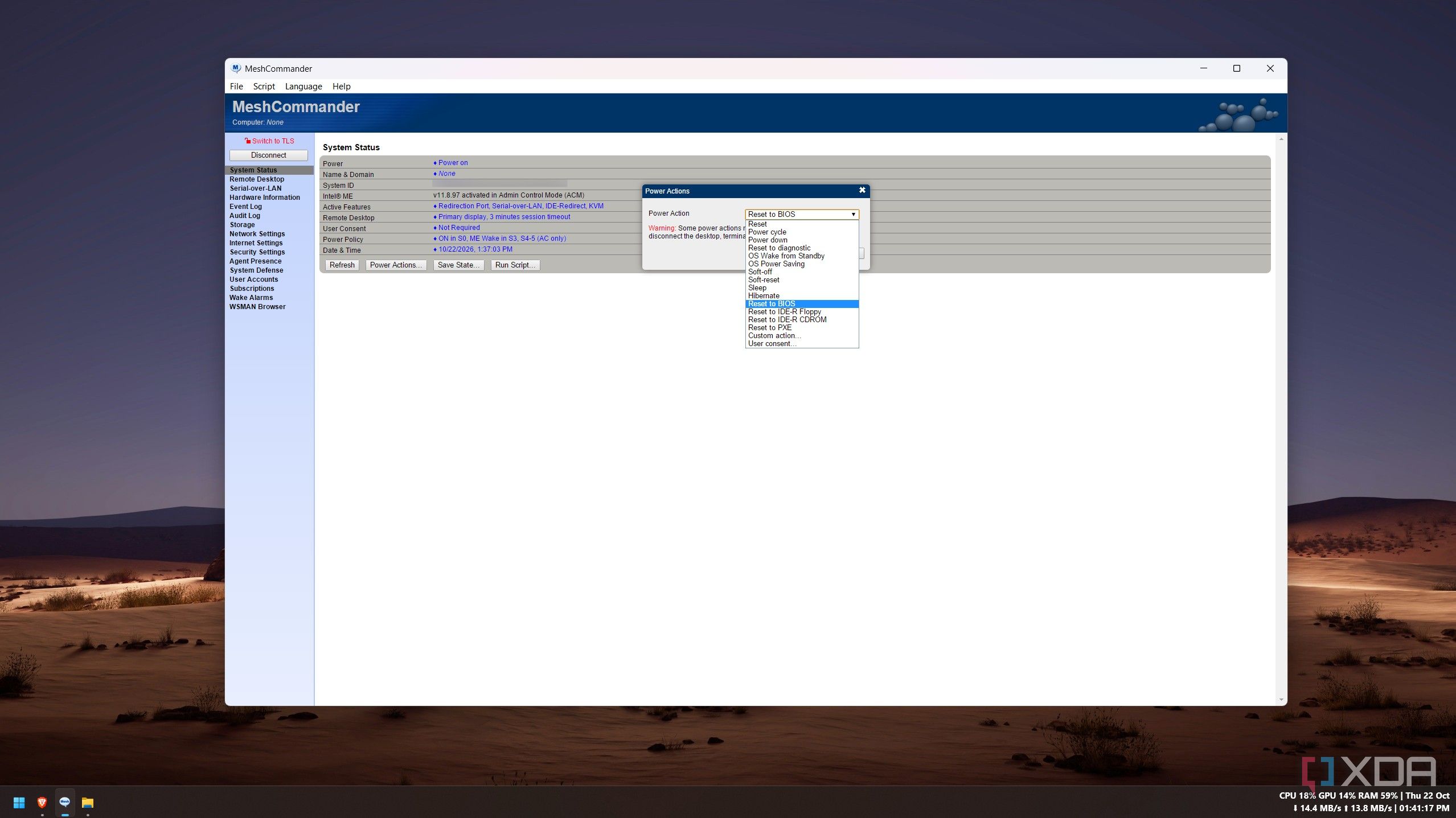 MeshCommander Power Actions dropdown with Reset to BIOS selected