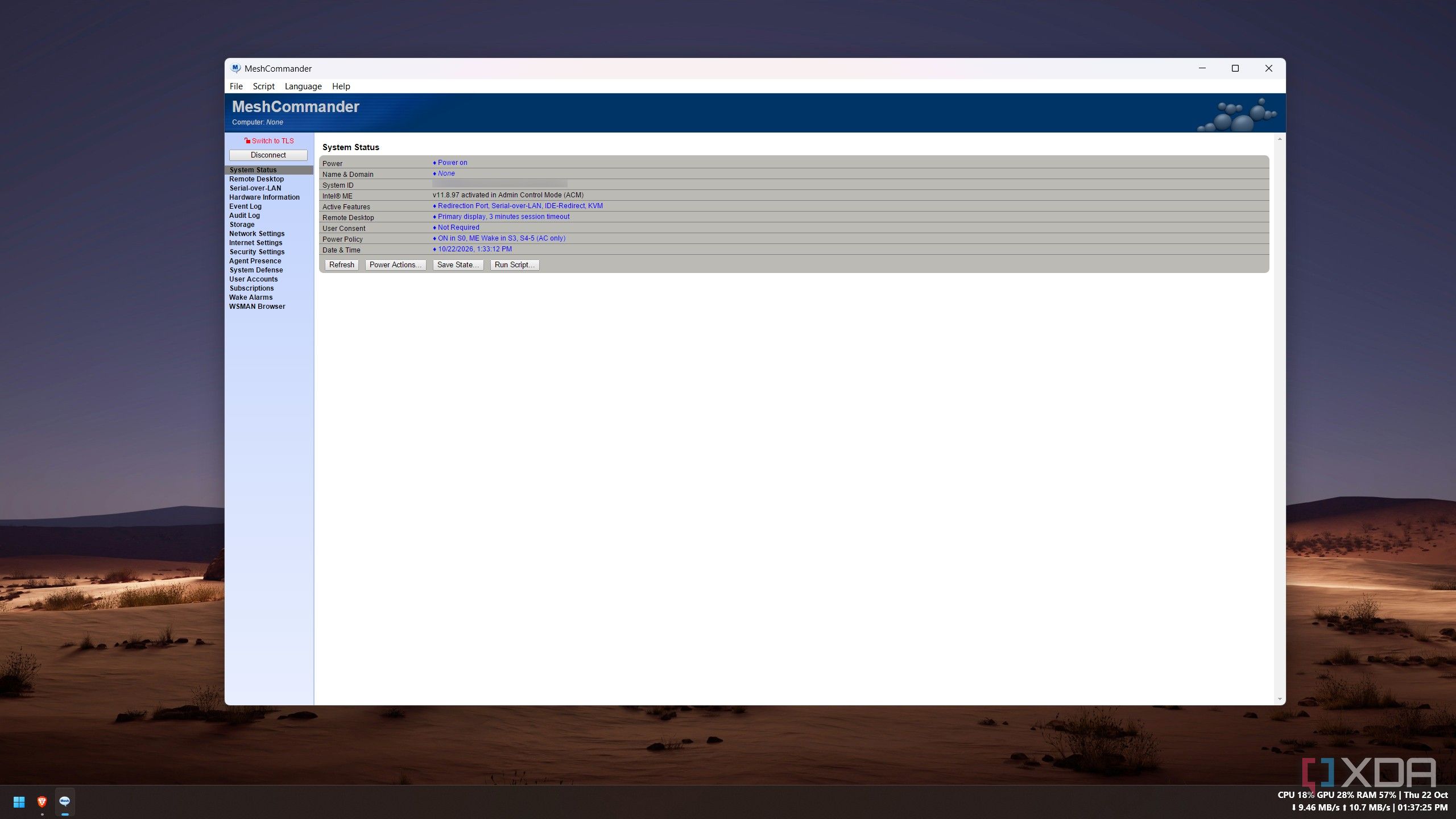 MeshCommander System Status showing KVM, Redirection Port, Serial-over-LAN and IDE-Redirect as active features