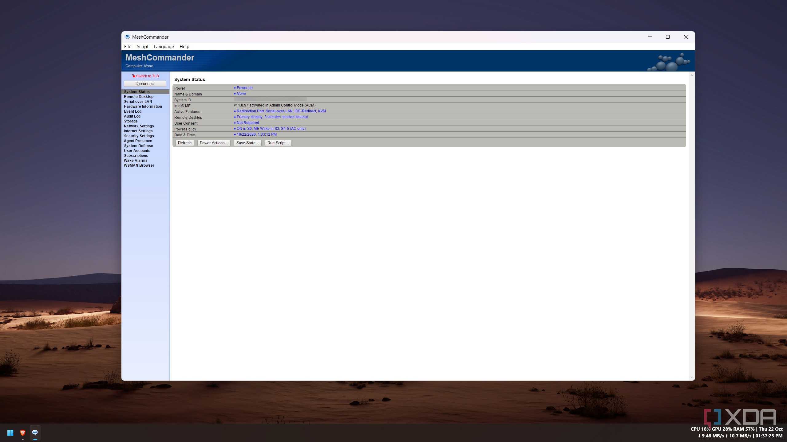 MeshCommander System Status showing KVM, Redirection Port, Serial-over-LAN and IDE-Redirect as active features