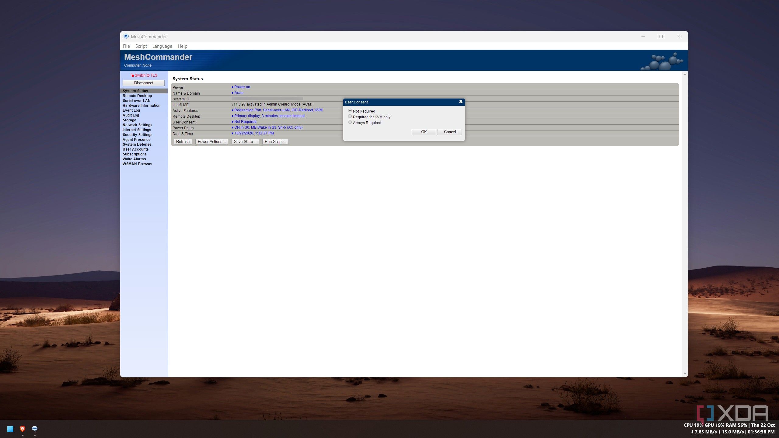MeshCommander User Consent dialog with Not Required selected