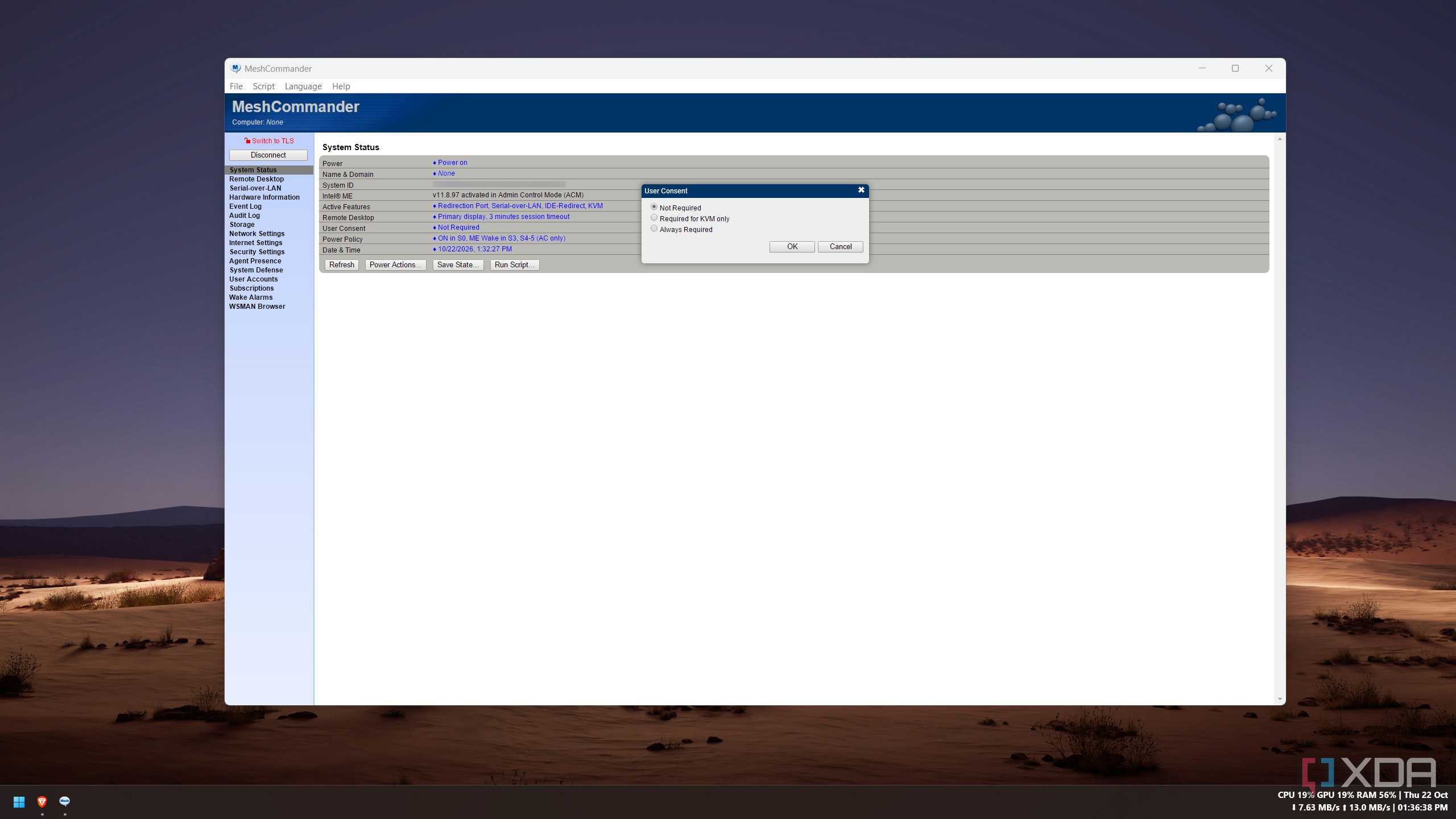 MeshCommander User Consent dialog with Not Required selected
