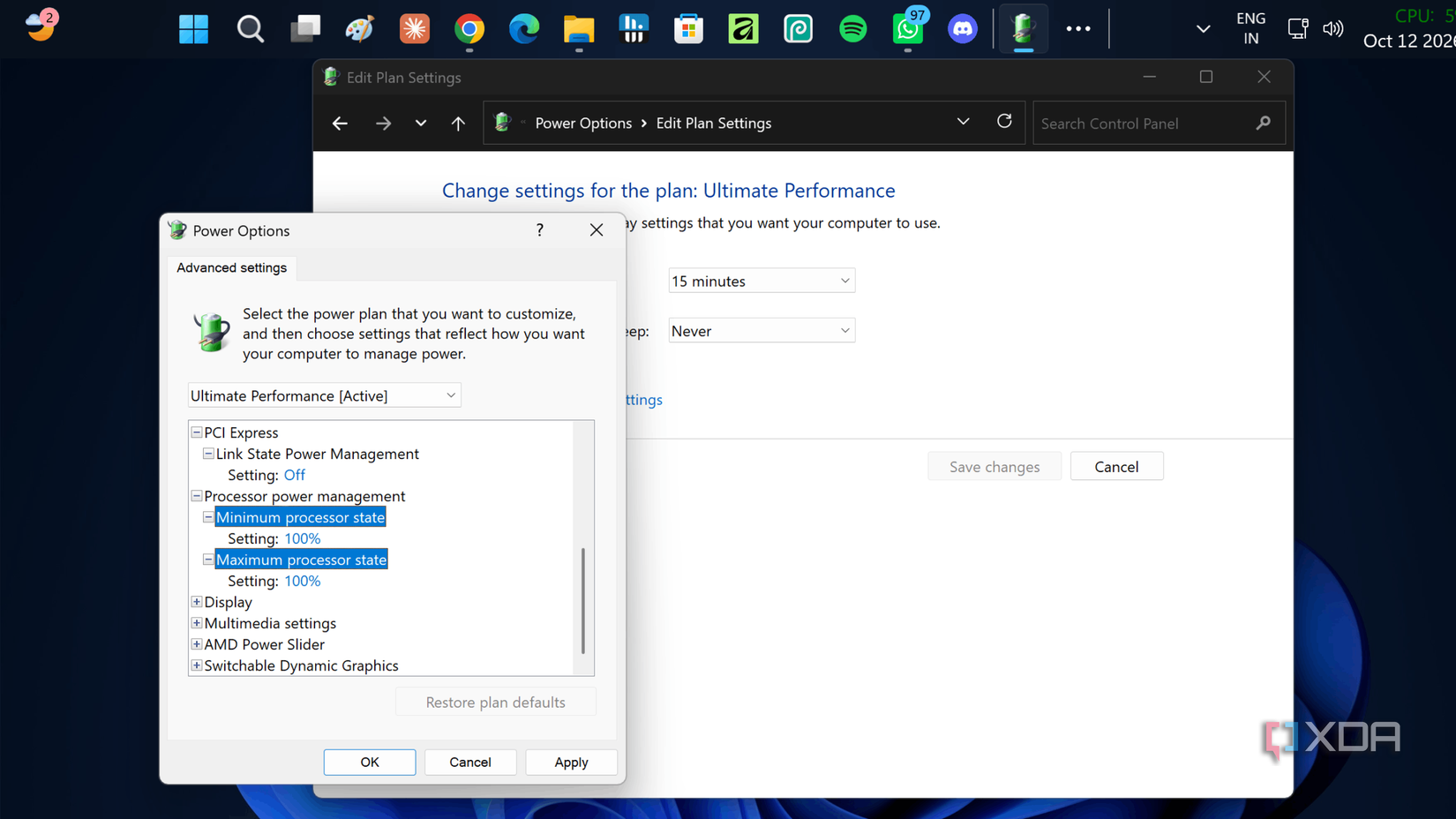 Minimum and Maximum processor state in Windows 11's ultimate performance power plan.