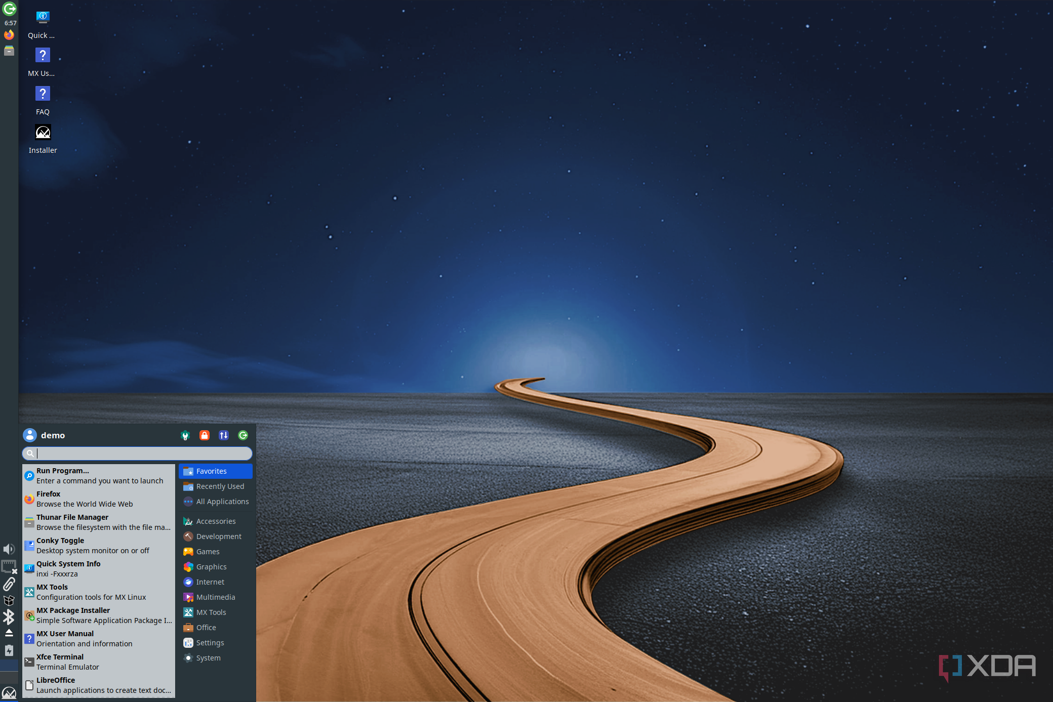 Screenshot of the Xfce desktop in MX Linux showing the application launcher