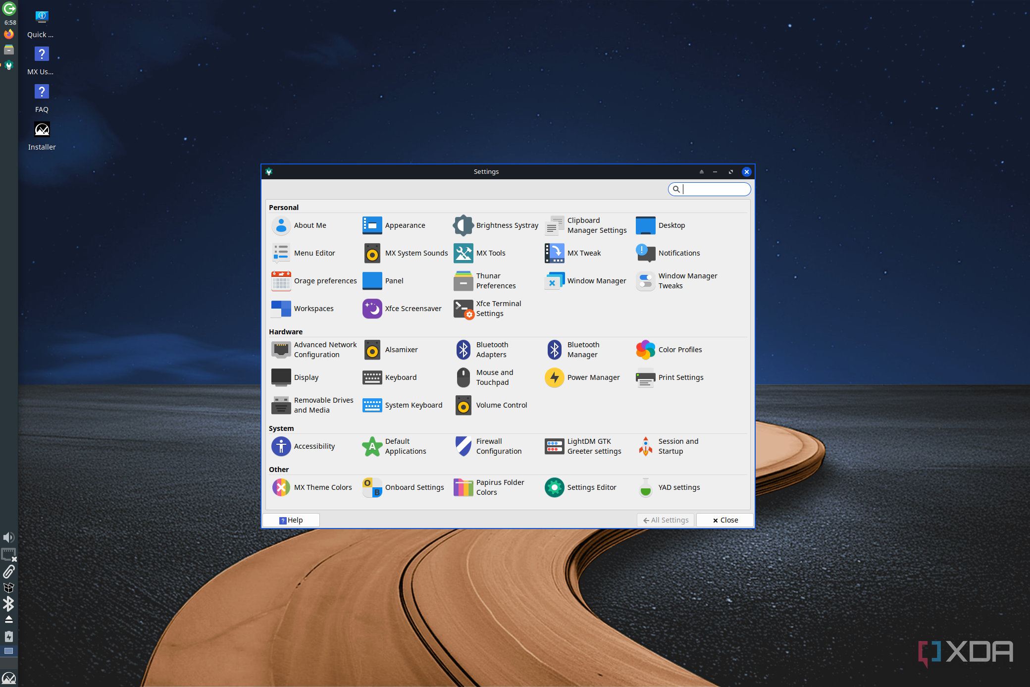 Screenshot of the settings app in MX Linux with an Xfce desktop