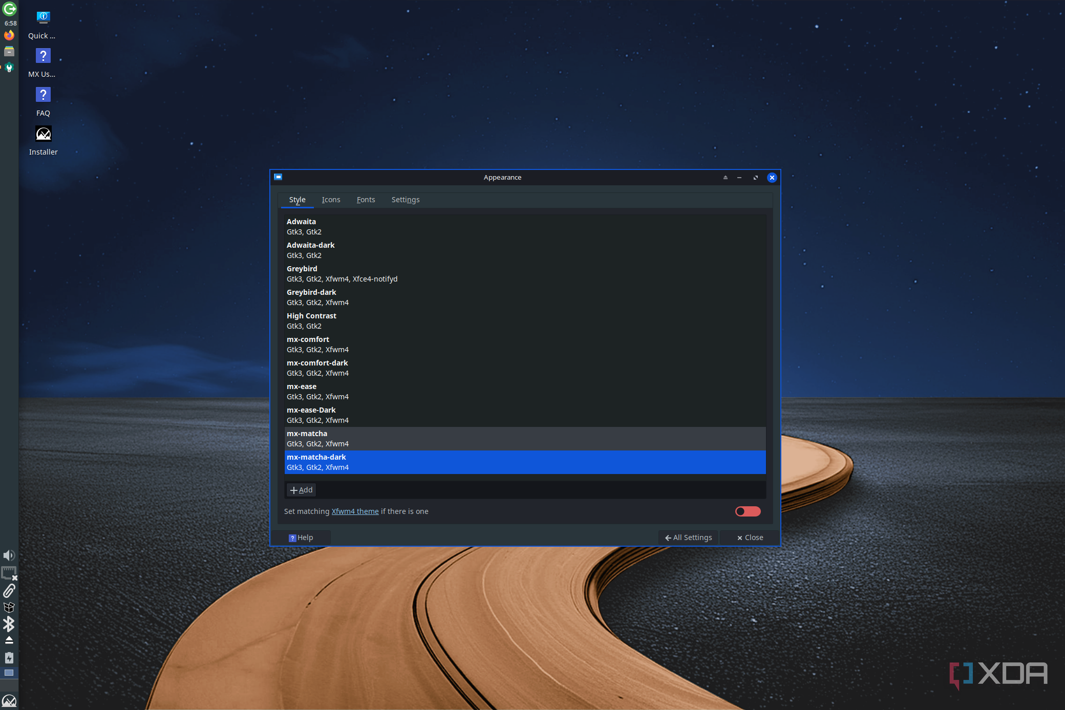 Screenshot of a customization menu showing a list of themes available for Xfce on MX Linux