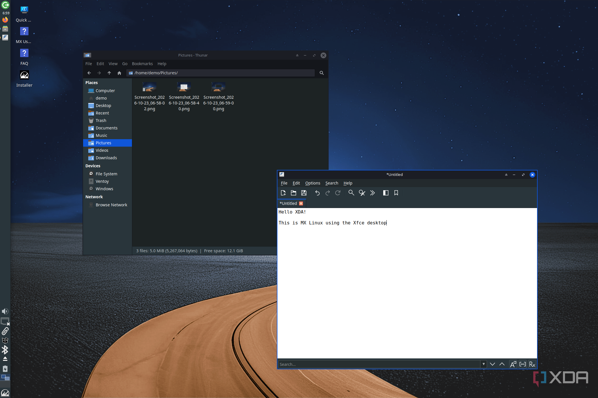 Screenshot of the Thunnar file manager and a text editor on MX Linux with Xfce