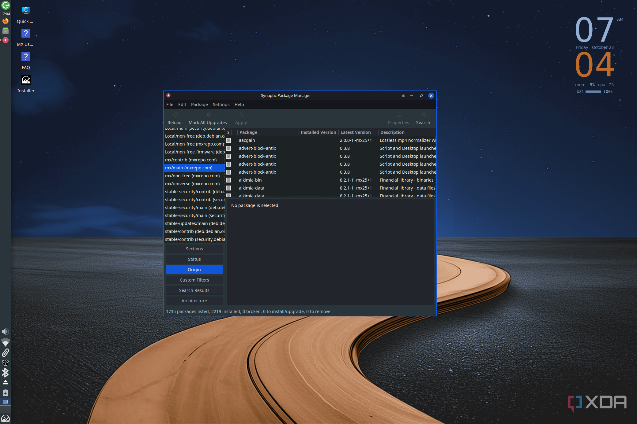 Screenshot of the Synaptic package manager on MX Linux showing a list of available packages to install
