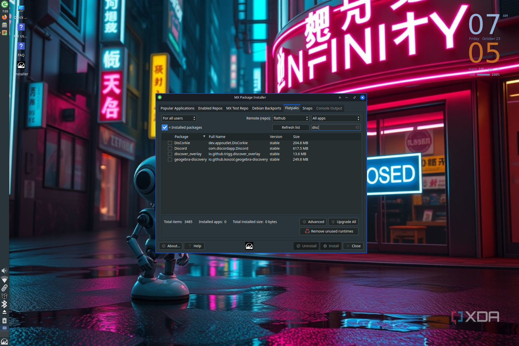 Screenshot of MX Package Manager showing search results for Flatpak applications